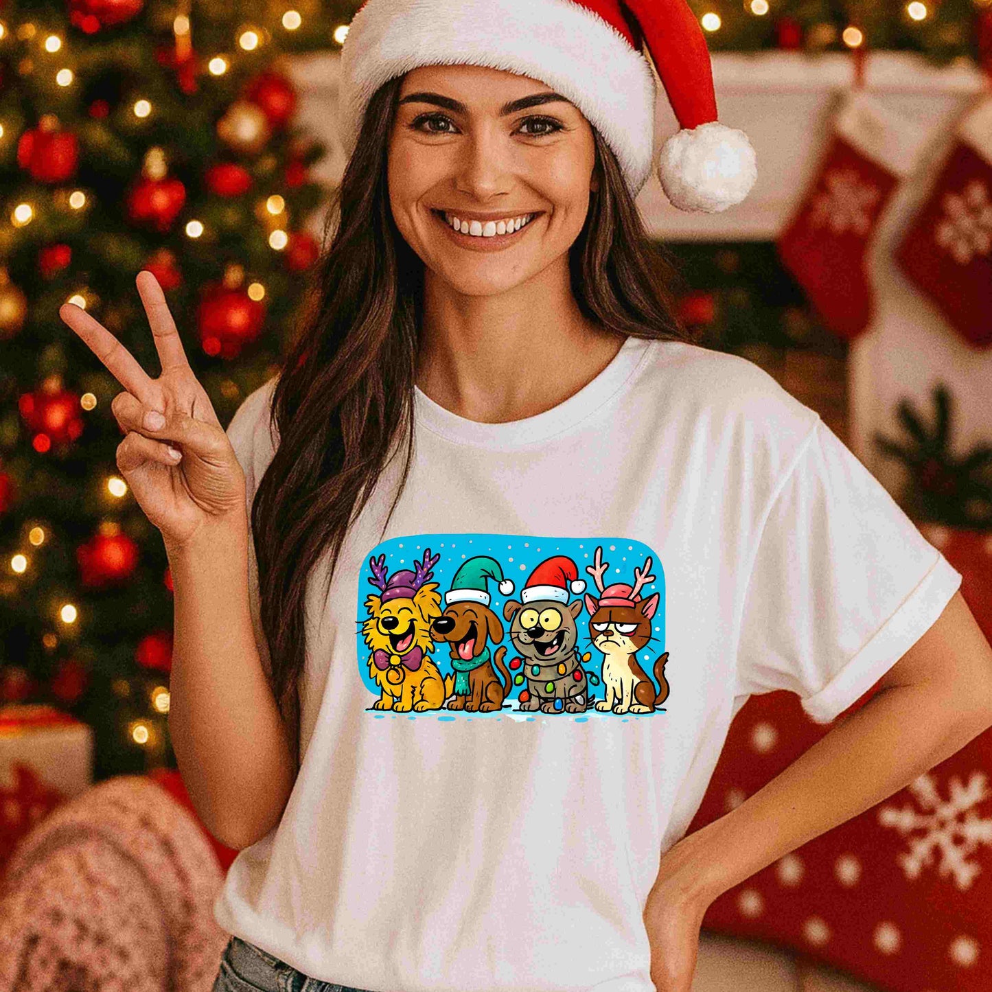 Cute Christmas Pets Shirt – Festive Dogs & Cat Holiday Tee for Women & Teens – Funny Cartoon Pet Squad Graphic, Cozy Christmas Aesthetic Top
