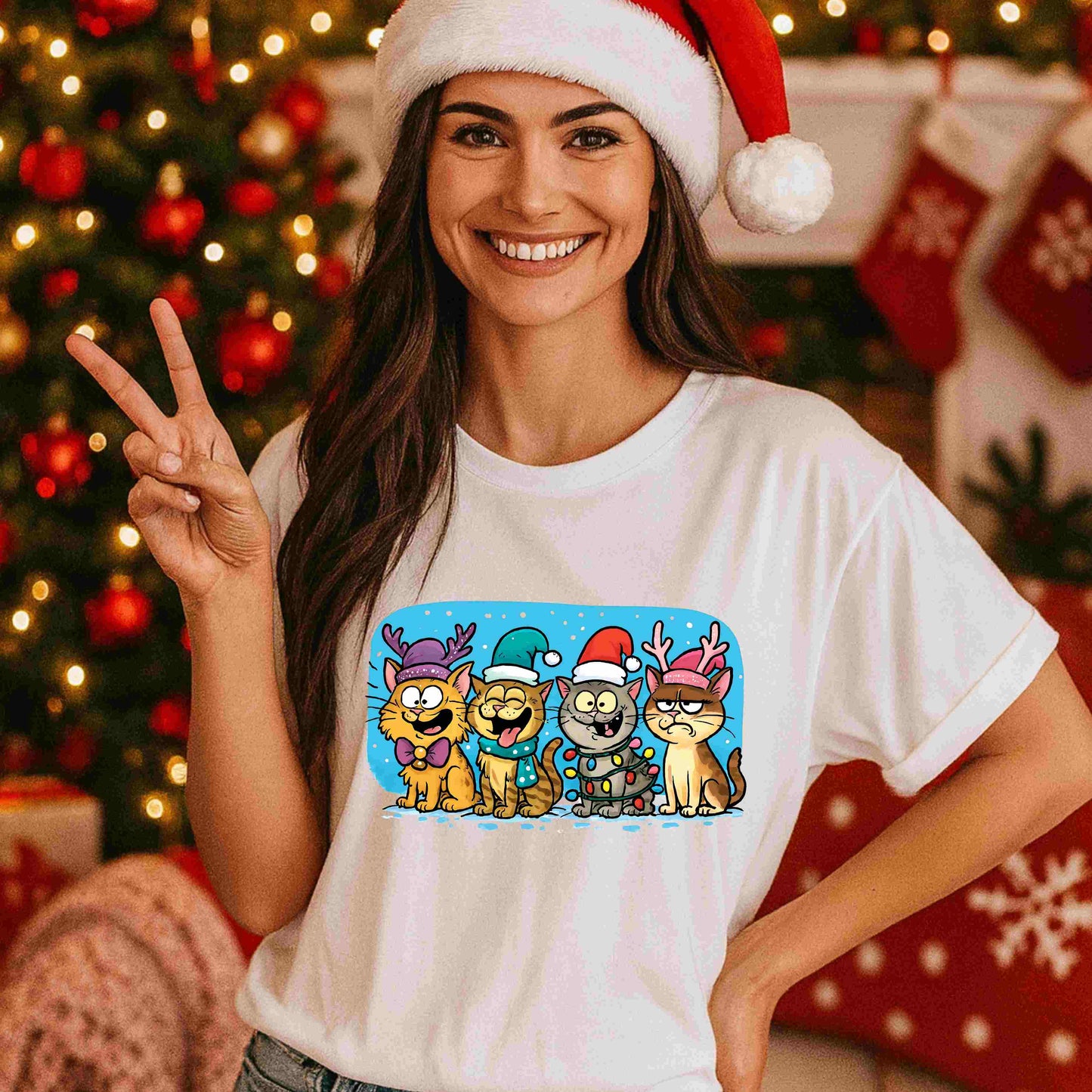 Cute Christmas Cat Shirt – Festive Holiday Cats Tee for Women & Teens – Funny Kawaii Cat Squad Graphic, Cozy Christmas Aesthetic Top