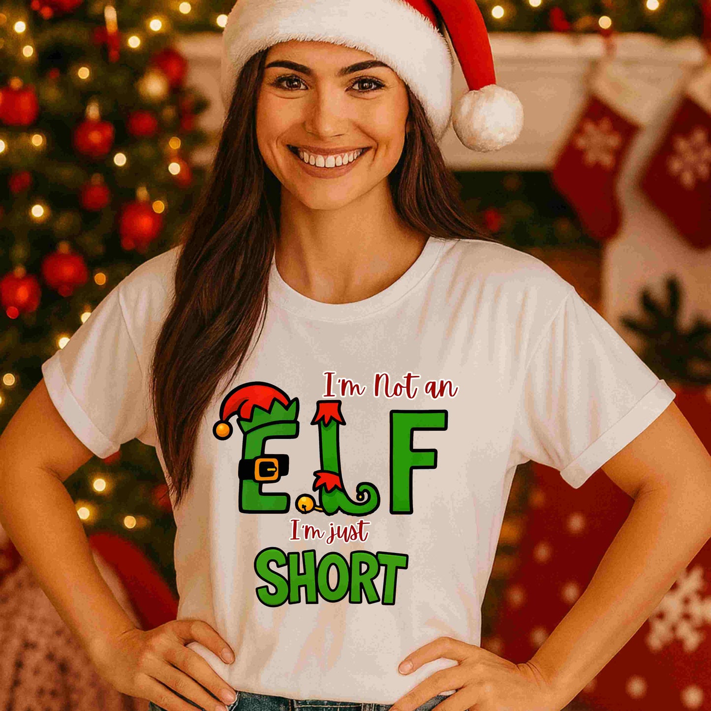Funny Christmas Elf Shirt – “I’m Not an Elf I’m Just Short” Tee for Women & Teens – Cute Festive Holiday Humour Graphic, Playful Christmas Top