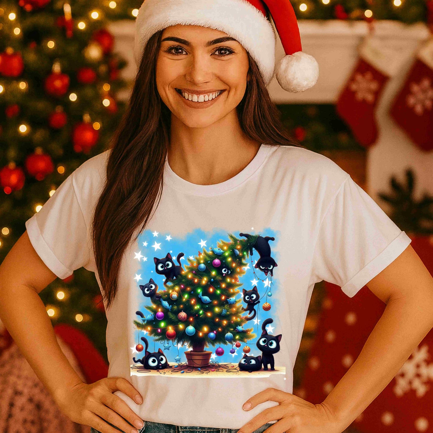 Funny Christmas Cat Shirt – Cute Mischievous Cats & Tree Tee for Women & Teens – Playful Holiday Cat Lover Graphic, Festive Cozy Season Top