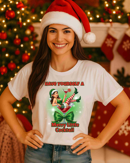 Have Yourself a Merry Little Cocktail Shirt – Cute Holiday Elf Pin‑Up Tee for Women & Teens – Festive Christmas Cocktail Graphic, Fun Party Season Top