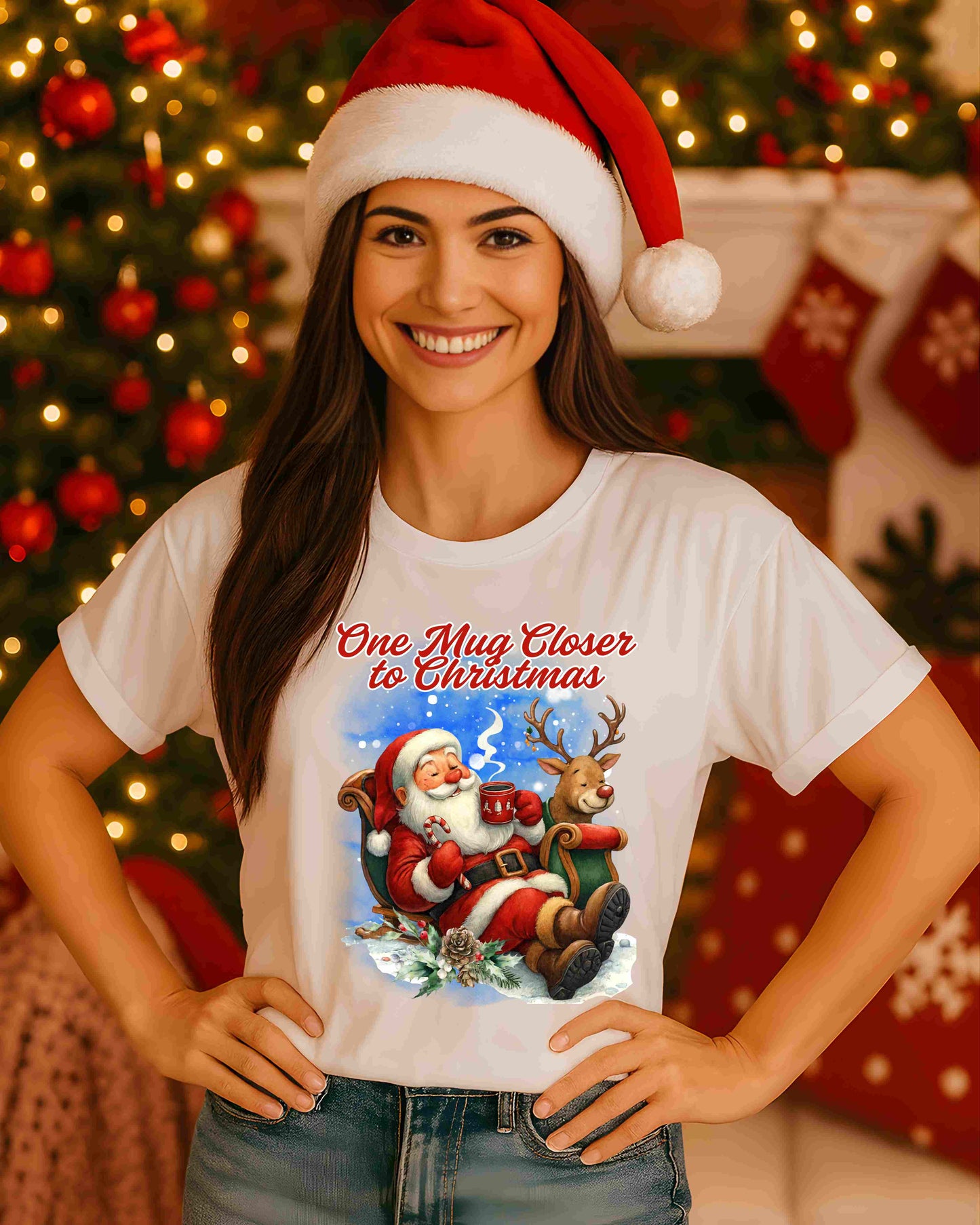 One Mug Closer to Christmas Shirt – Cute Santa & Reindeer Hot Cocoa Tee for Women & Teens – Funny Festive Holiday Graphic, Cozy Christmas Aesthetic Top