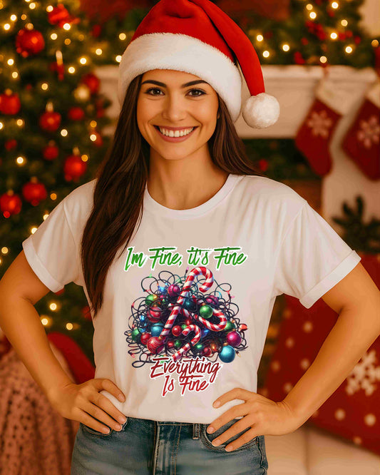 Funny Christmas Shirt – “I’m Fine Everything Is Fine” Holiday Lights Tee for Women & Teens – Cute Festive Humour Graphic, Relatable Christmas Chaos Top
