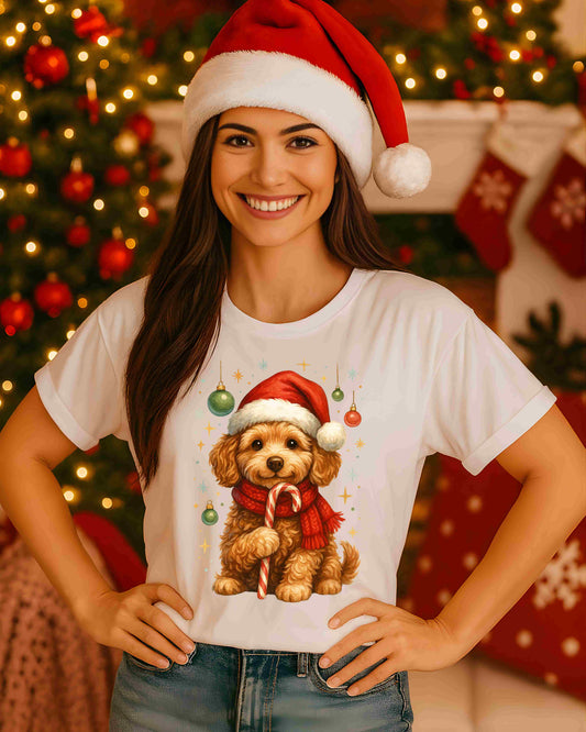 Cute Christmas Dog Shirt – Festive Holiday Pup Tee for Women & Teens – Adorable Santa Hat Dog with Candy Cane, Cozy Winter Christmas Graphic Top