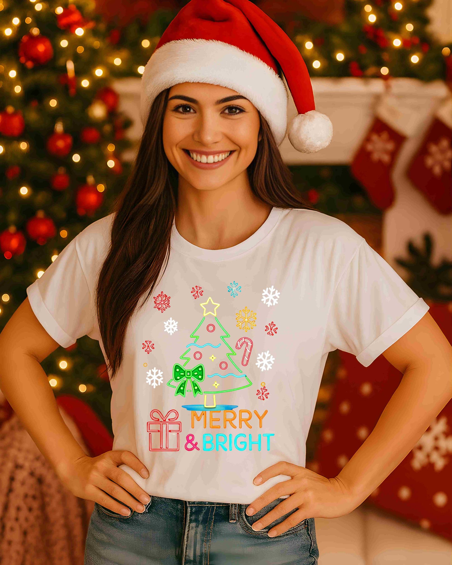 Merry & Bright Christmas Shirt – Cute Retro Pastel Tree Tee for Women & Teens – Colourful Holiday Graphic, Festive Cozy Season Aesthetic Top