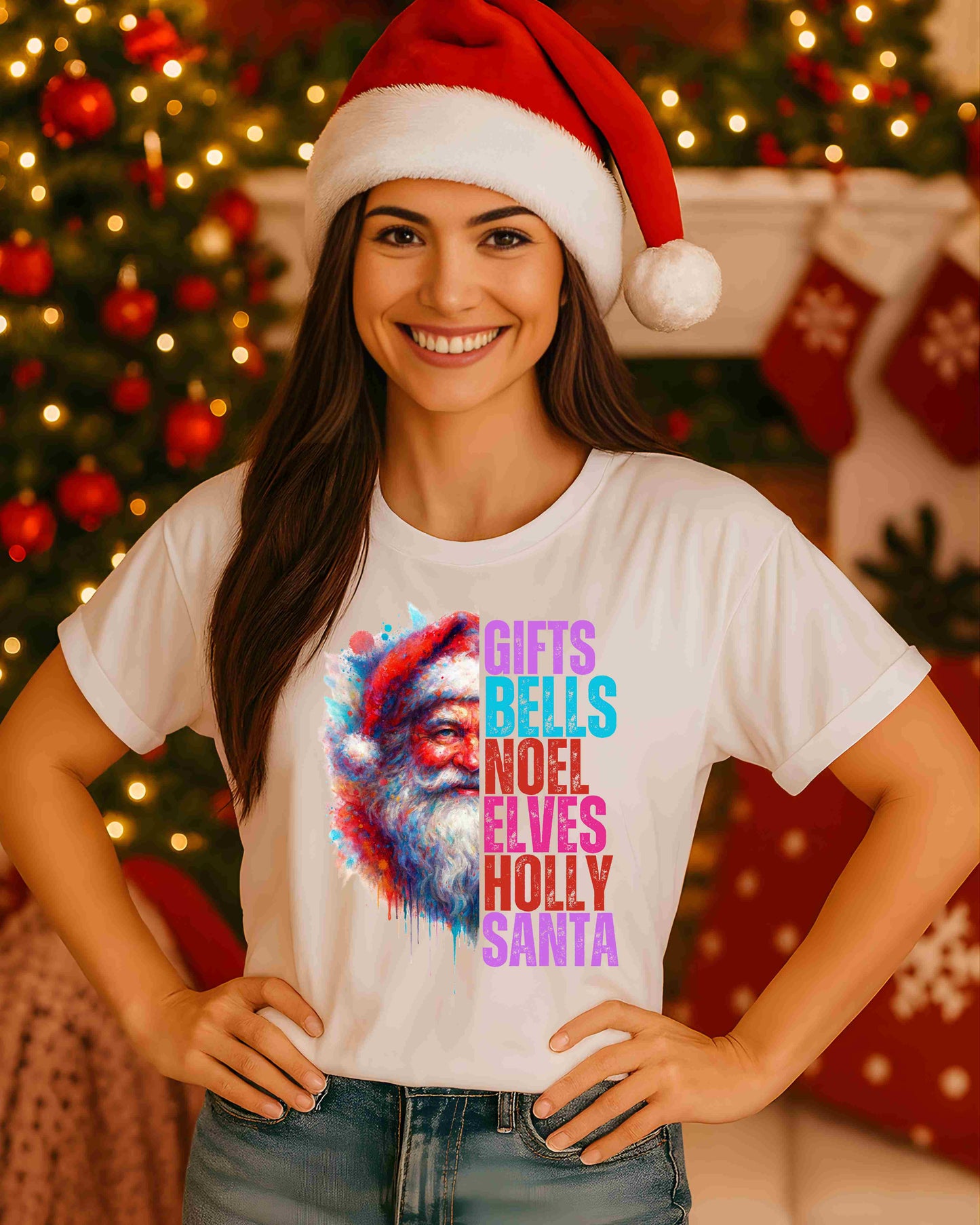 Colorful Santa Christmas Shirt – Retro Pop Art Santa Tee for Women & Teens – Bright Holiday Word List Graphic, Festive Christmas Aesthetic Top