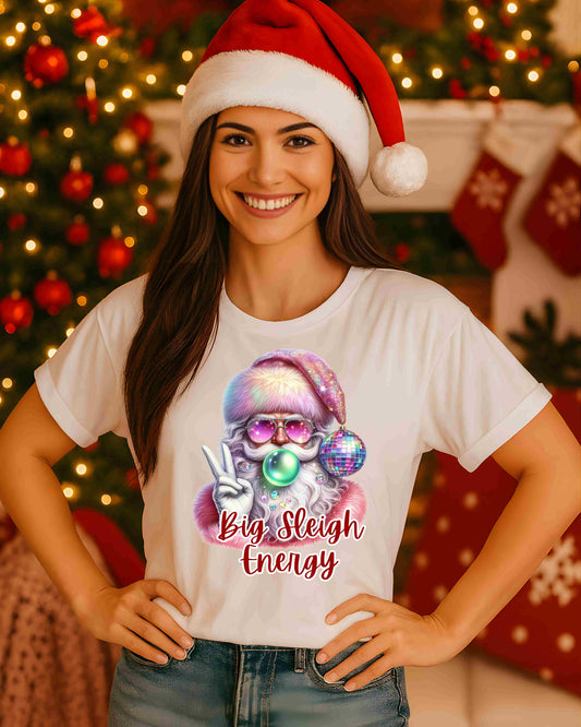 Big Sleigh Energy Shirt – Cool Santa Christmas Tee for Women & Teens – Retro Rainbow Santa Graphic, Funny Holiday Vibes, Festive Pop‑Culture Top