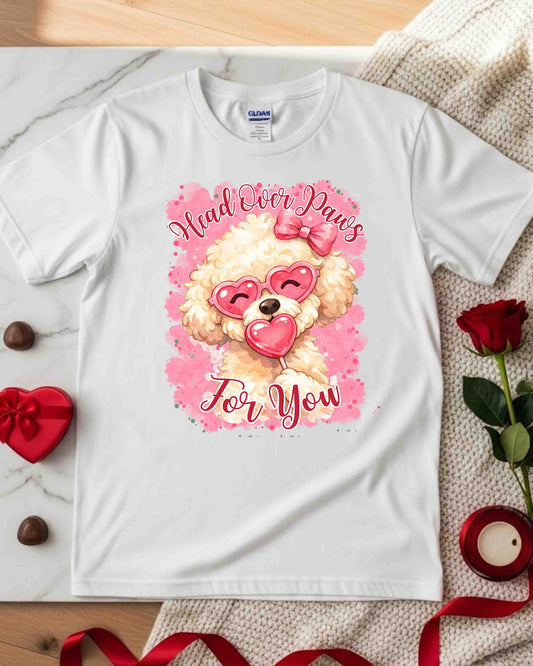 Head Over Paws For You Shirt – Cute Dog Valentine Tee for Women & Teens – Fluffy Pup with Heart Sunglasses Graphic, Romantic Pet Lover T‑Shirt