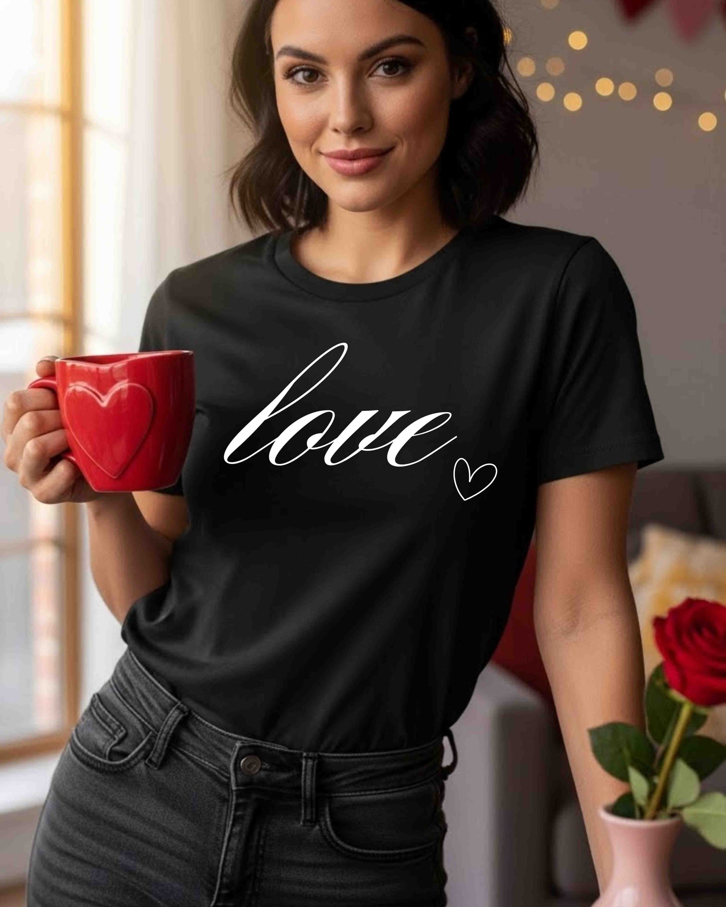 Love Script Shirt – Minimalist Heart Graphic Tee for Women & Teens – Cute Romantic T‑Shirt, Simple Valentine Aesthetic Top