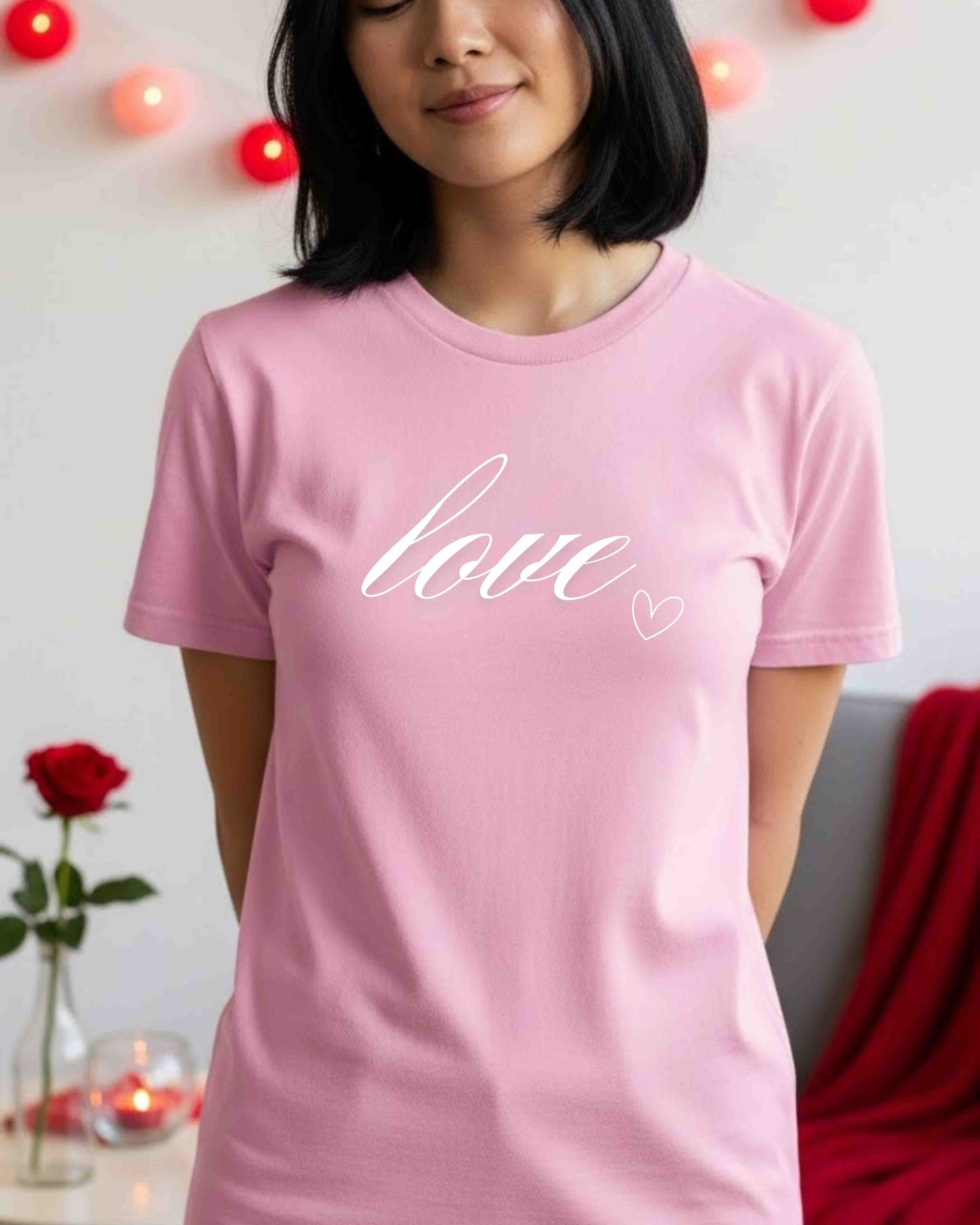 Love Script Shirt – Minimalist Heart Graphic Tee for Women & Teens – Cute Romantic T‑Shirt, Simple Valentine Aesthetic Top