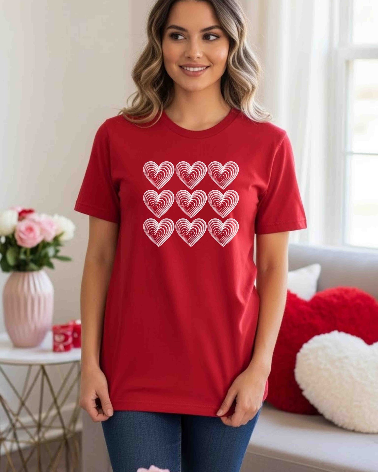 Layered Hearts Shirt – Minimalist Valentine Graphic Tee for Women & Teens – Cute Aesthetic Heart Grid T‑Shirt, Romantic Love Theme Top