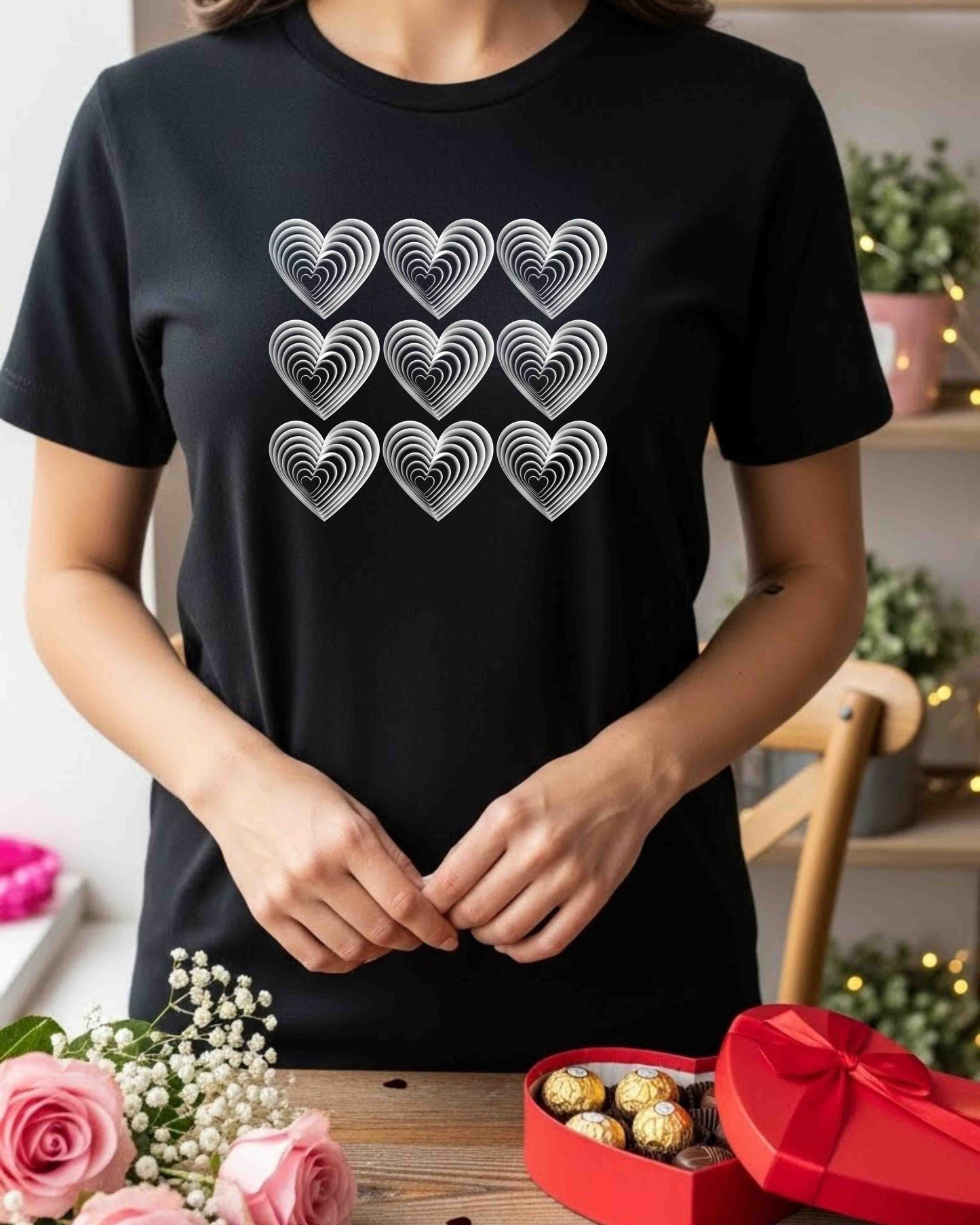 Layered Hearts Shirt – Minimalist Valentine Graphic Tee for Women & Teens – Cute Aesthetic Heart Grid T‑Shirt, Romantic Love Theme Top
