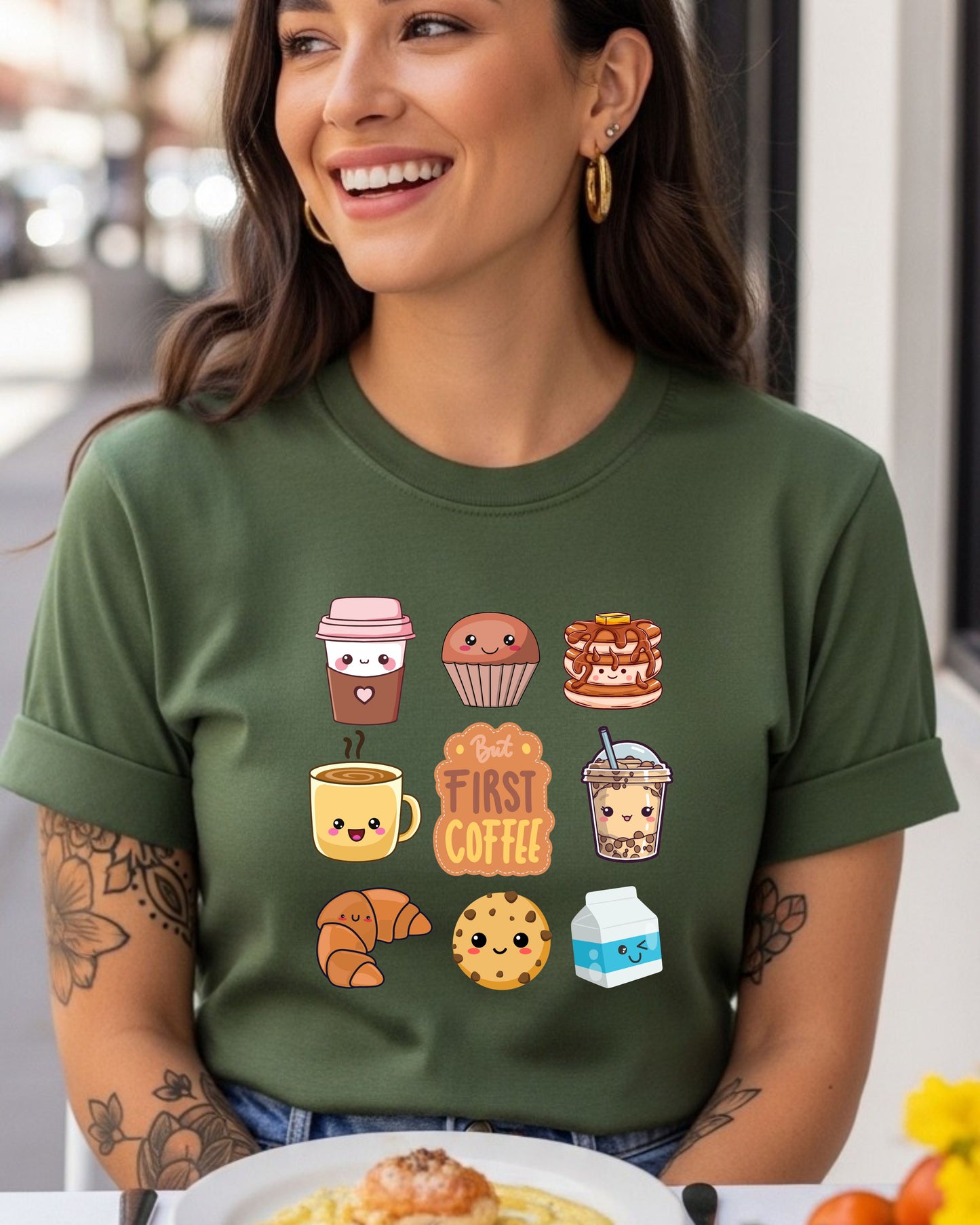 Kawaii Breakfast Coffee T‑Shirt PNG – Cute But First Coffee Graphic with Pancakes, Boba, Croissant & Smiling Café Characters for DTG & Sublimation