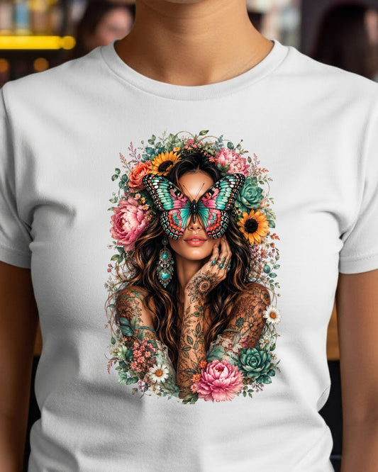 Boho Butterfly Woman Shirt, Floral Tattoo Graphic, Sunflower Peony T-Shirt