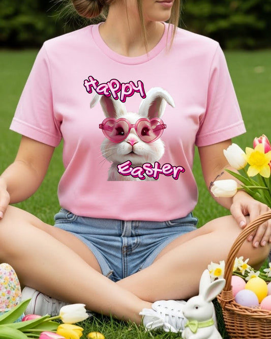 Happy Easter Bunny Shirt – Cute Bunny with Heart Sunglasses Tee for Women & Teens – Pastel Spring Graphic T‑Shirt, Fun Easter Outfit Idea