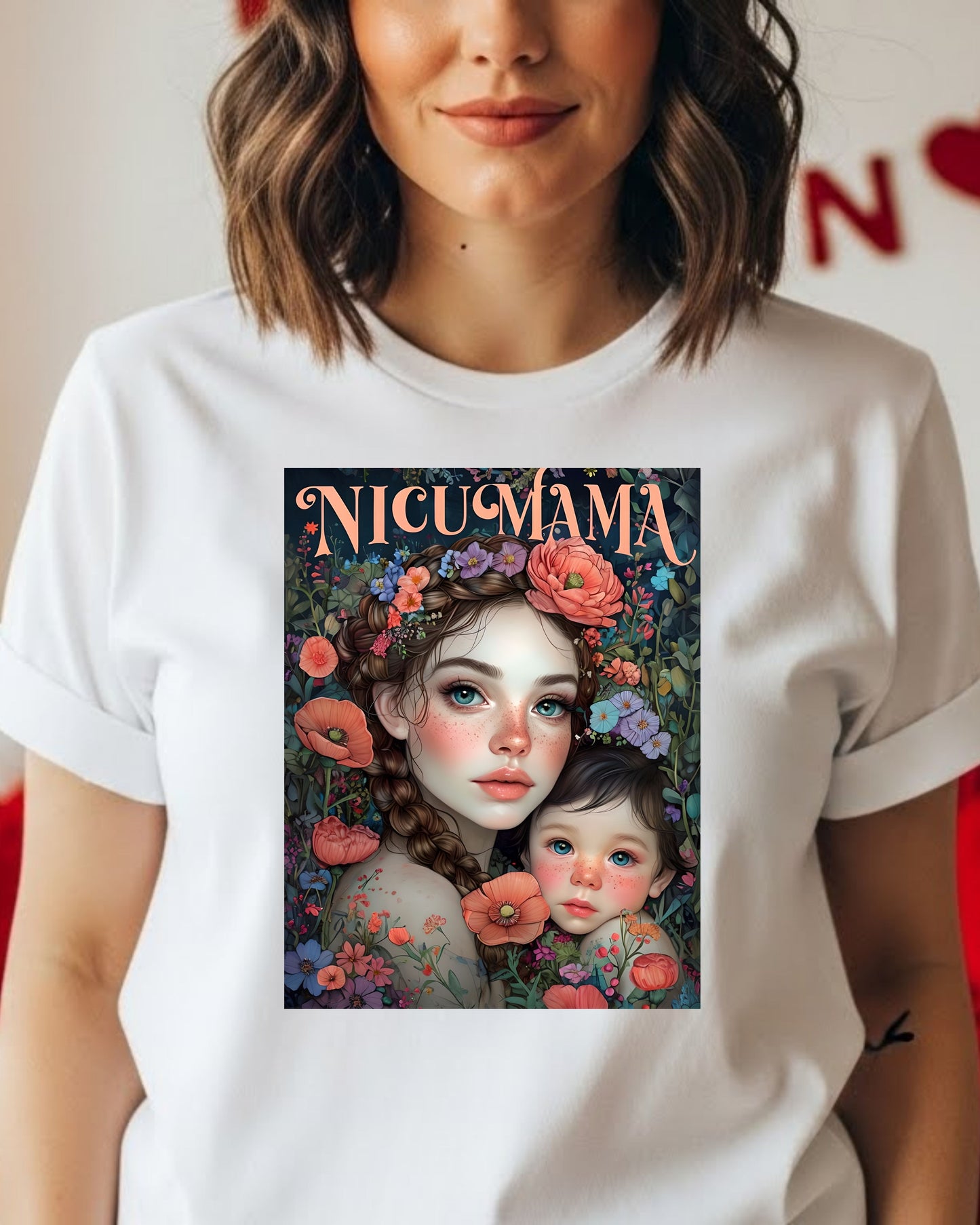 NICU Mama Shirt – Floral Mother & Baby Illustration Tee for Strong Mothers – Preemie Support T‑Shirt, Neonatal Journey Gift, Inspirational NICU Mom Top