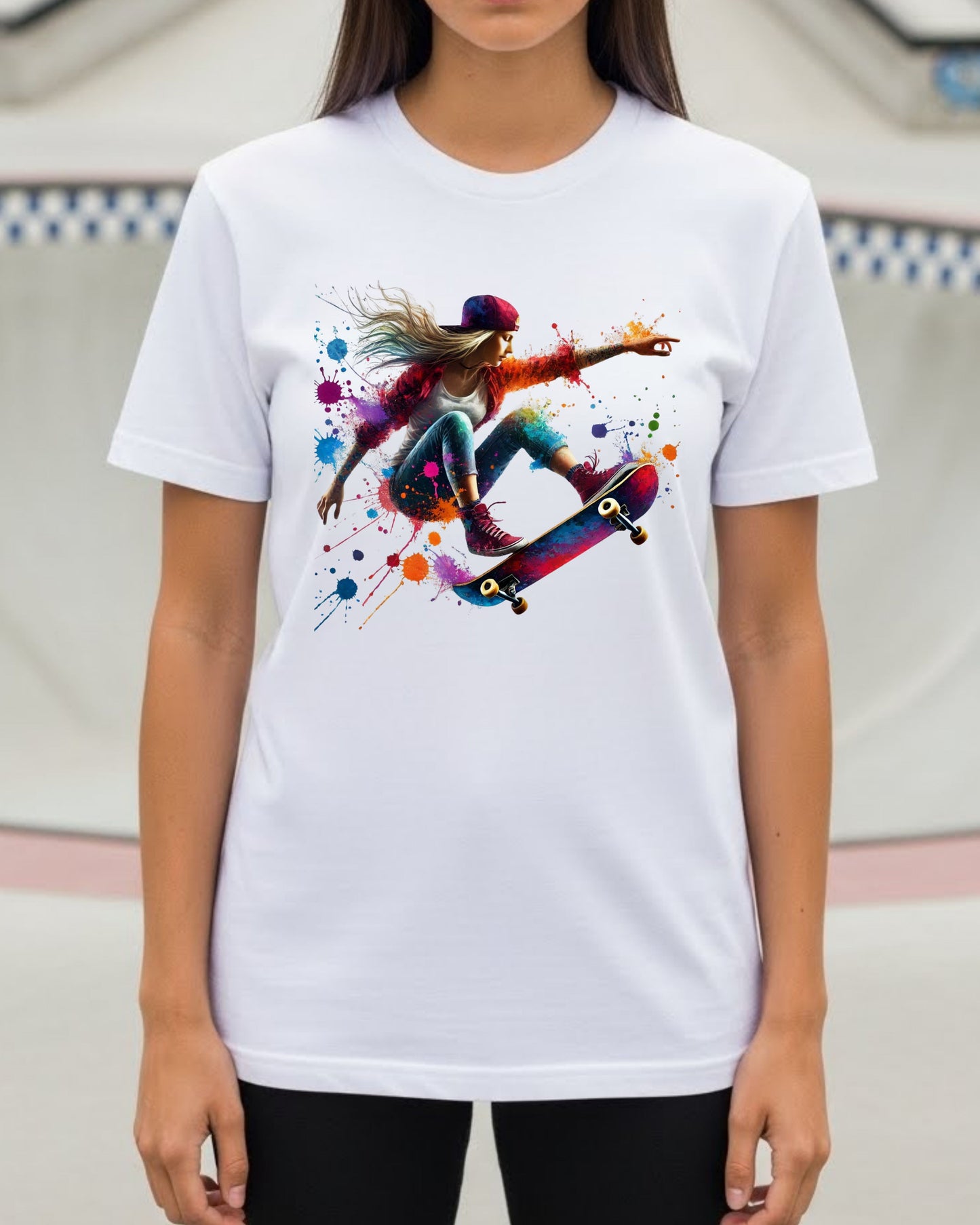Skateboard Trick Shirt – Color Splash Skateboarding Graphic Tee for Men & Women – Streetwear Skater Aesthetic T‑Shirt, Cool Urban Art Top