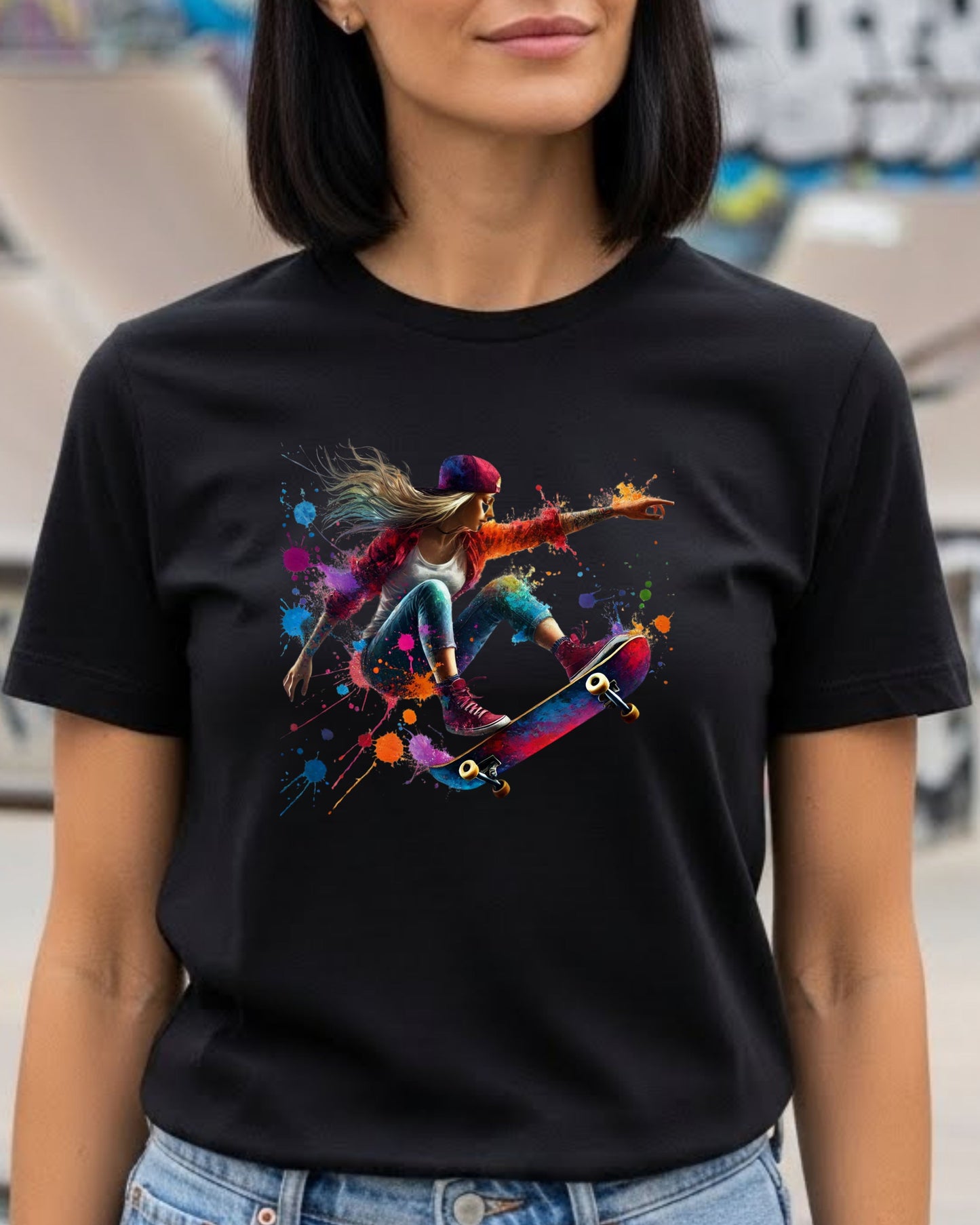 Skateboard Trick Shirt – Color Splash Skateboarding Graphic Tee for Men & Women – Streetwear Skater Aesthetic T‑Shirt, Cool Urban Art Top
