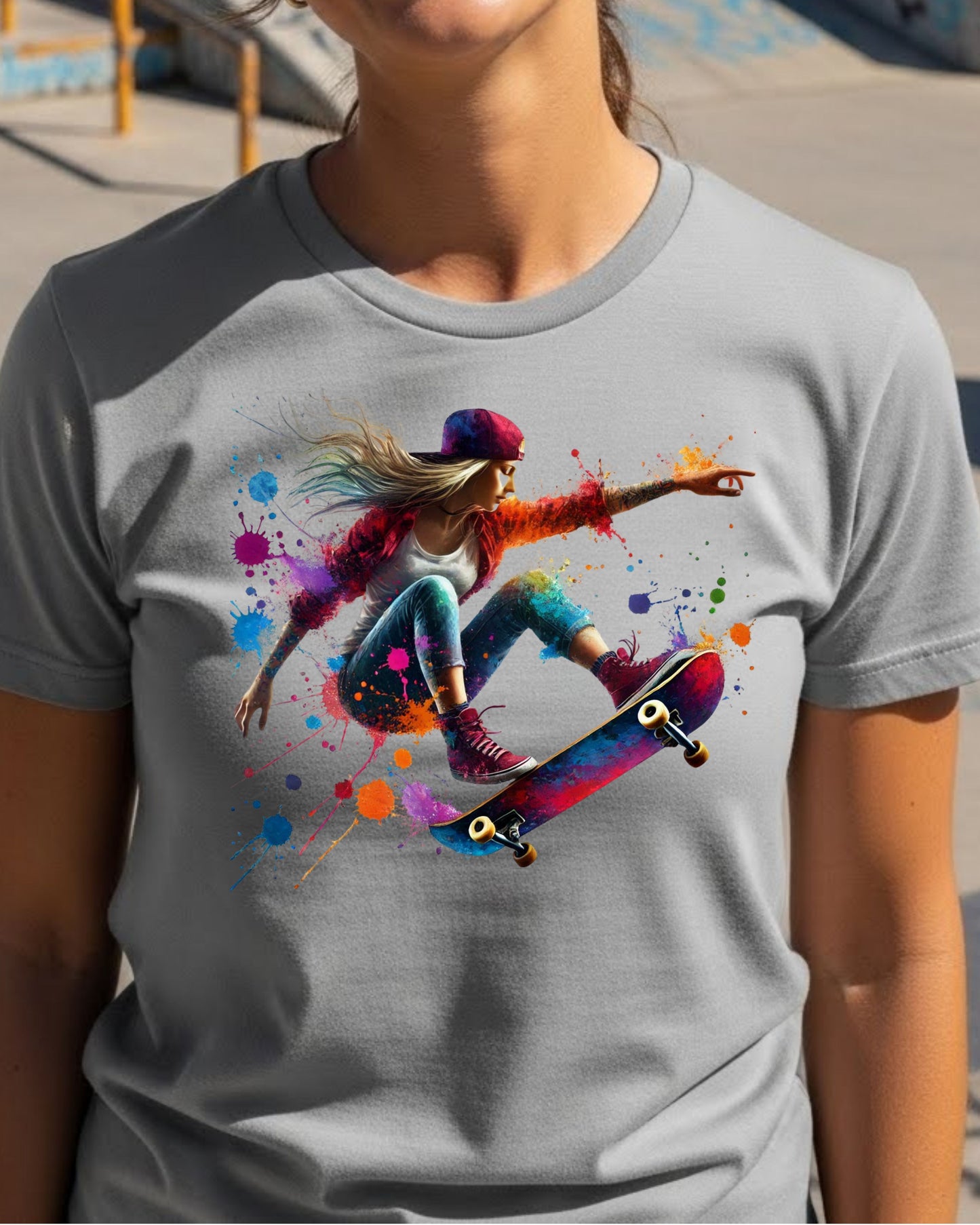 Skateboard Trick Shirt – Color Splash Skateboarding Graphic Tee for Men & Women – Streetwear Skater Aesthetic T‑Shirt, Cool Urban Art Top