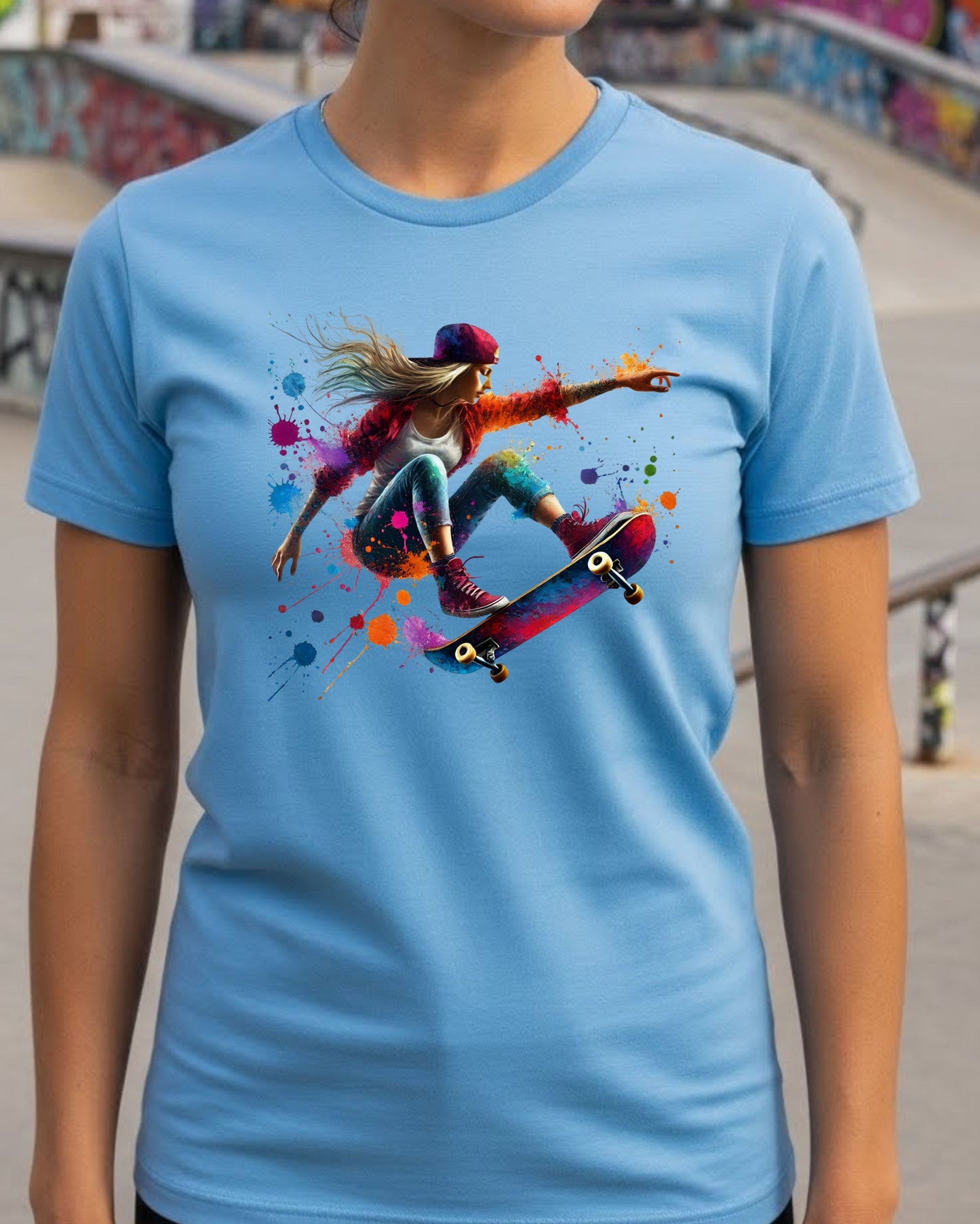 Skateboard Trick Shirt – Color Splash Skateboarding Graphic Tee for Men & Women – Streetwear Skater Aesthetic T‑Shirt, Cool Urban Art Top