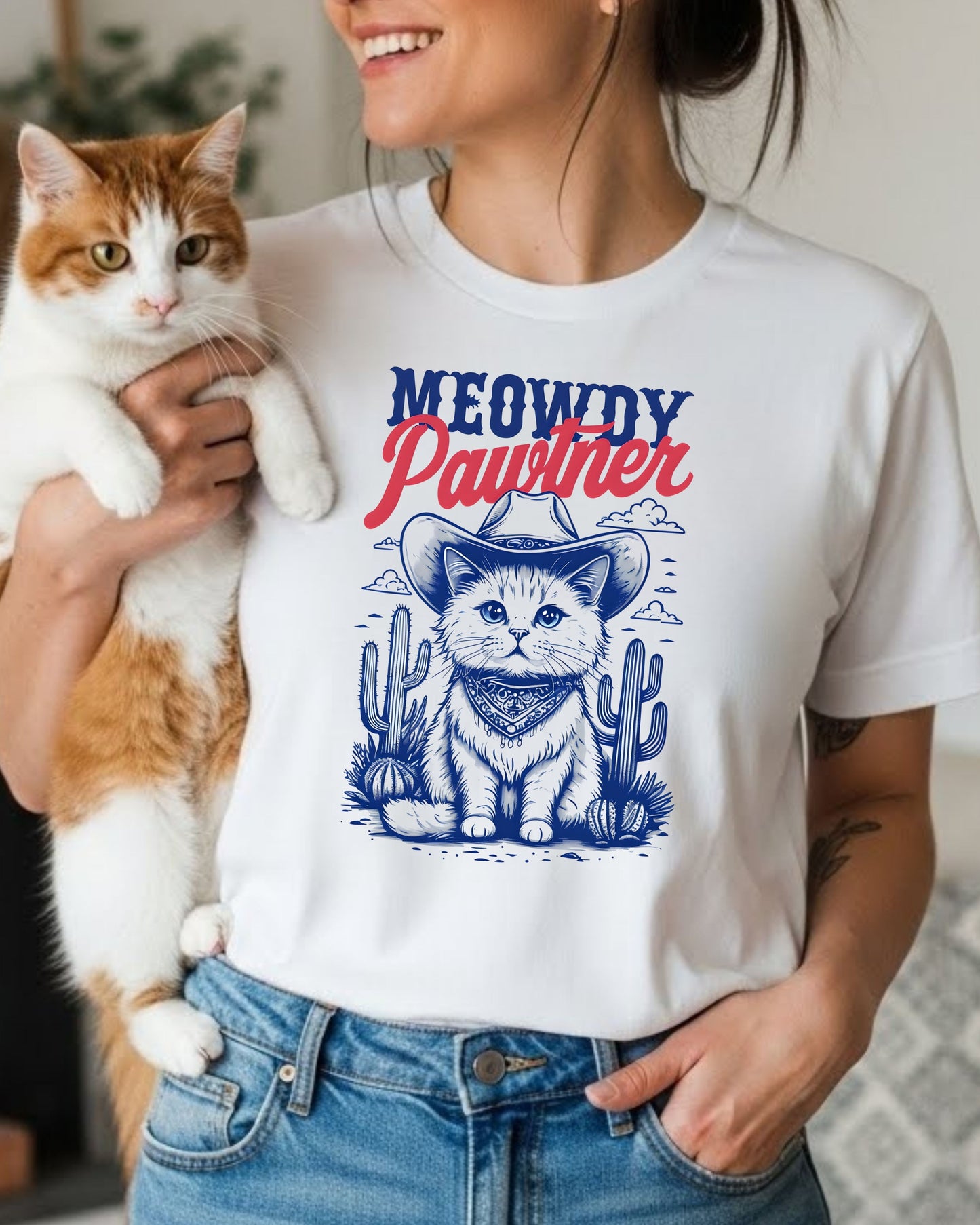 Meowdy Pawtner Shirt – Cowboy Cat Graphic Tee for Women – Western Kitty T‑Shirt, Cute Country Cowgirl Top, Funny Cat Lover Gift