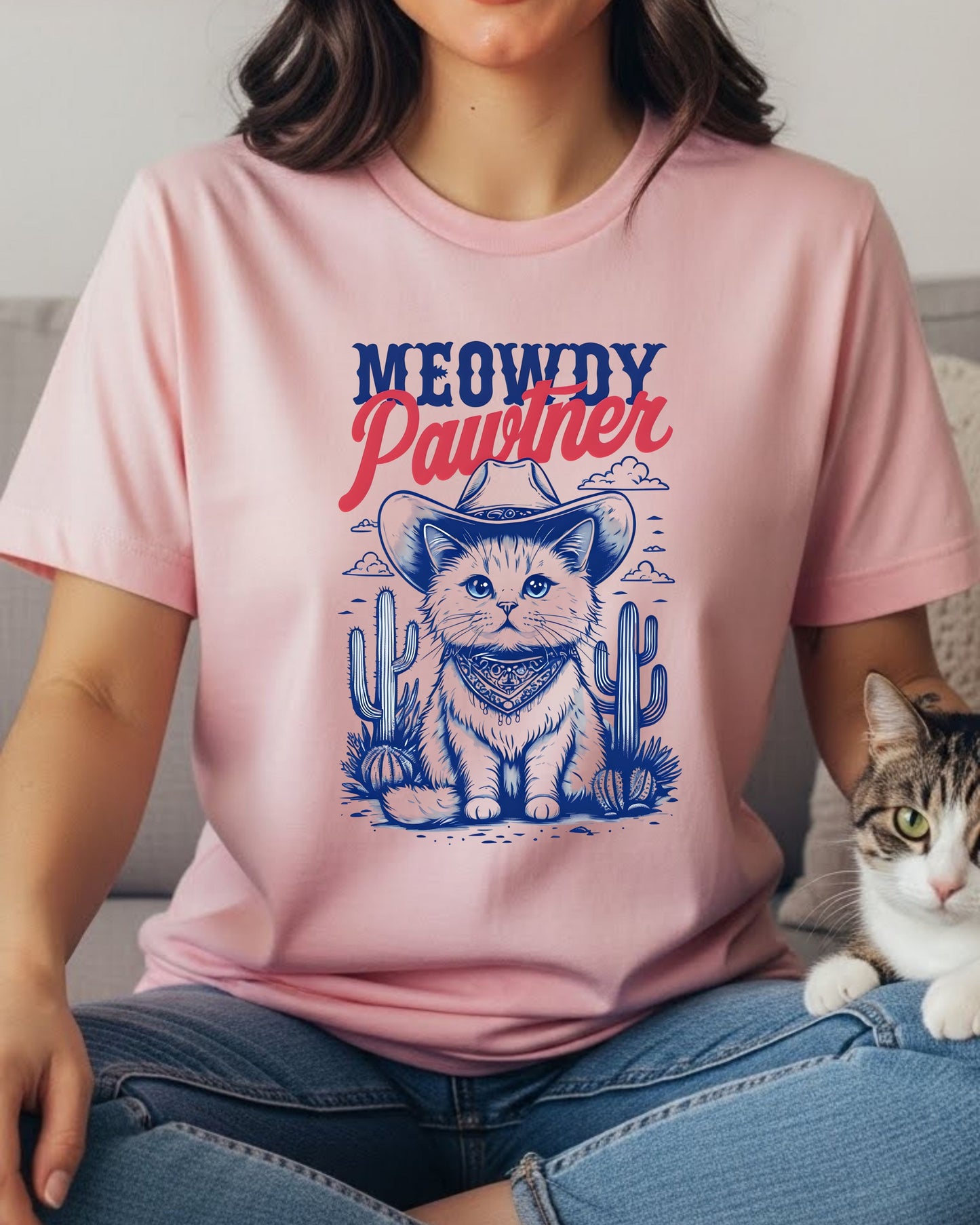 Meowdy Pawtner Shirt – Cowboy Cat Graphic Tee for Women – Western Kitty T‑Shirt, Cute Country Cowgirl Top, Funny Cat Lover Gift