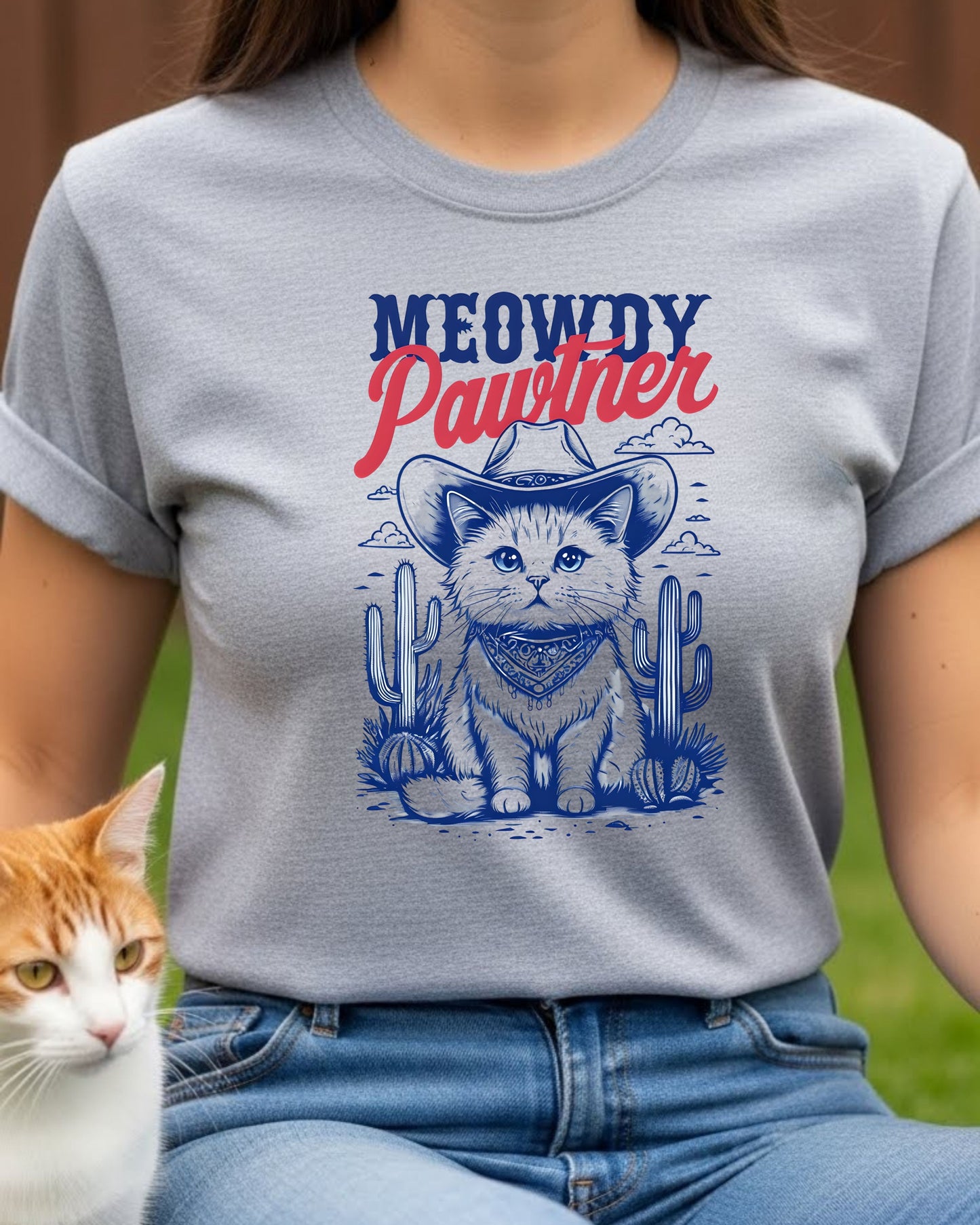 Meowdy Pawtner Shirt – Cowboy Cat Graphic Tee for Women – Western Kitty T‑Shirt, Cute Country Cowgirl Top, Funny Cat Lover Gift