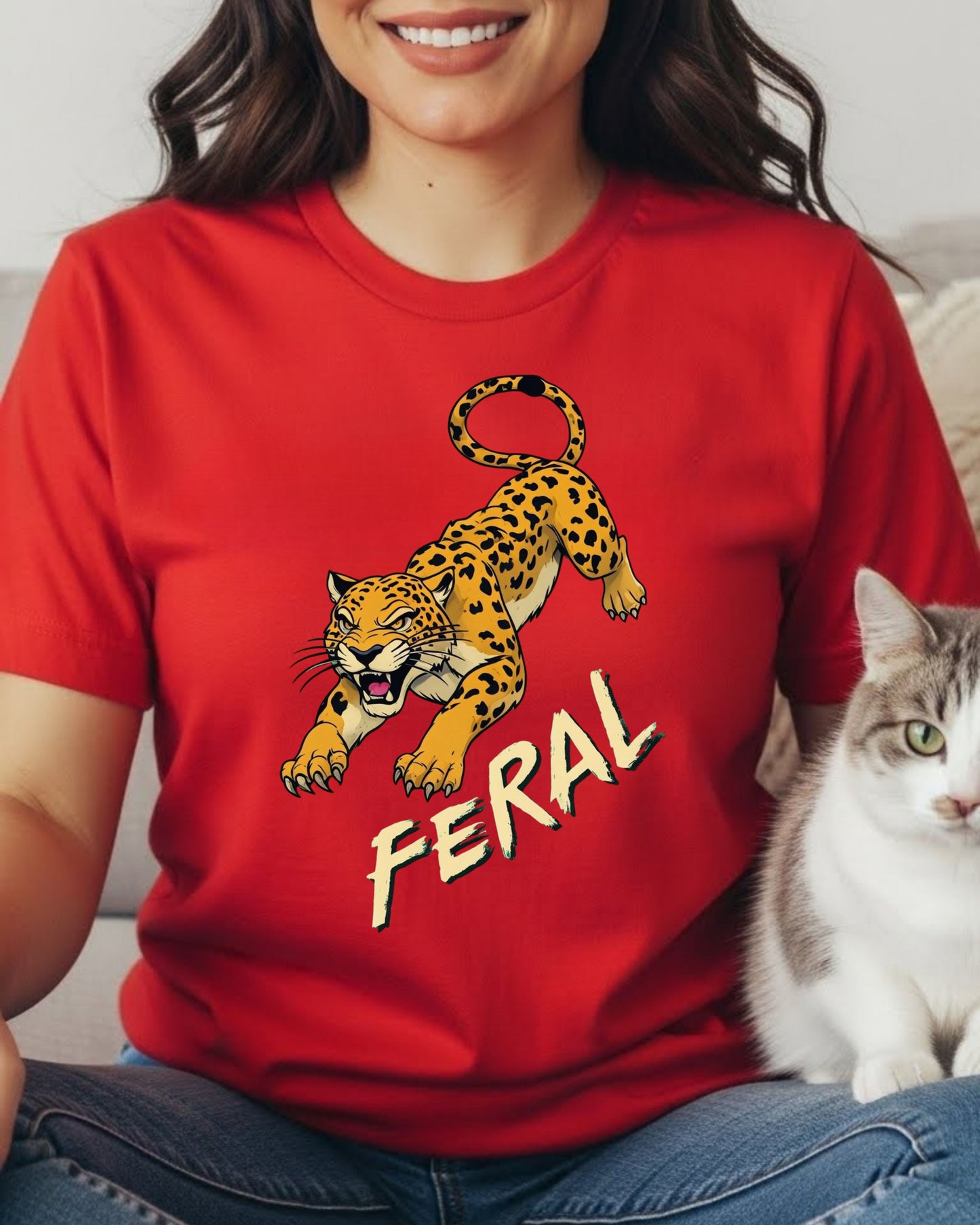 Feral Leopard Shirt – Growling Leopard Graphic Tee for Women – Wild Aesthetic Animal Print T‑Shirt, Fierce “Feral” Slogan Top, Trending Edgy Tee