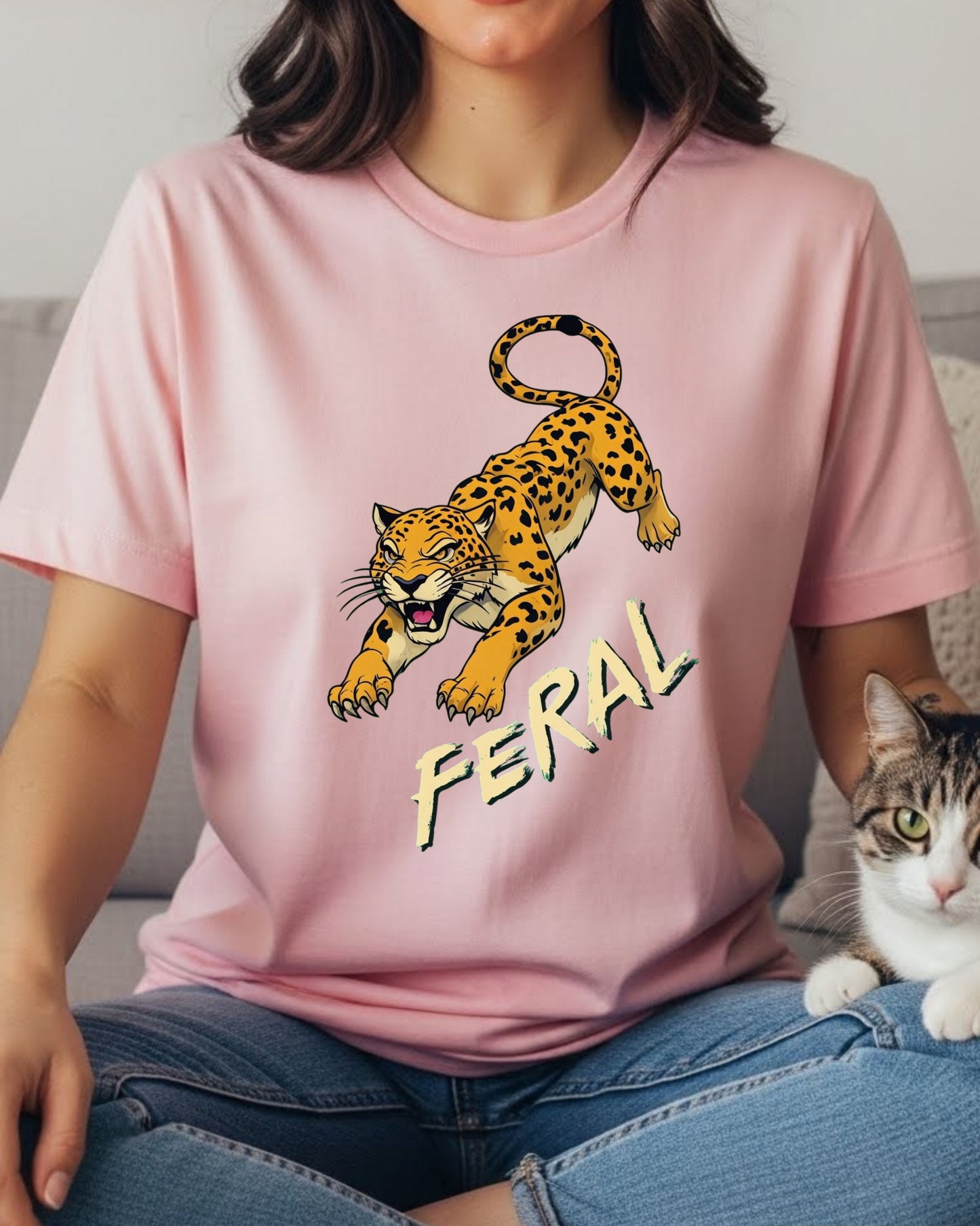 Feral Leopard Shirt – Growling Leopard Graphic Tee for Women – Wild Aesthetic Animal Print T‑Shirt, Fierce “Feral” Slogan Top, Trending Edgy Tee