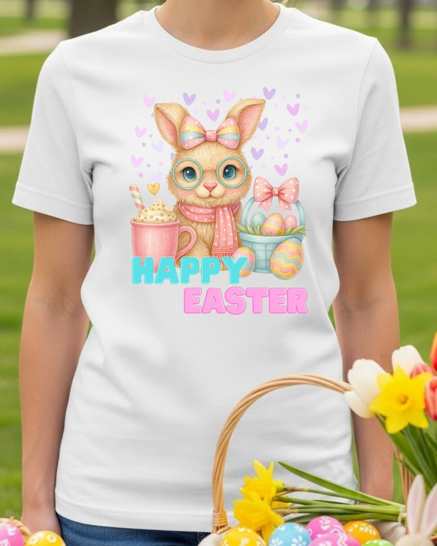 Cute Easter Bunny Shirt – Pastel Bunny with Glasses & Eggs Tee – Kawaii Easter Mug & Basket Graphic, Spring T‑Shirt for Women & Kids