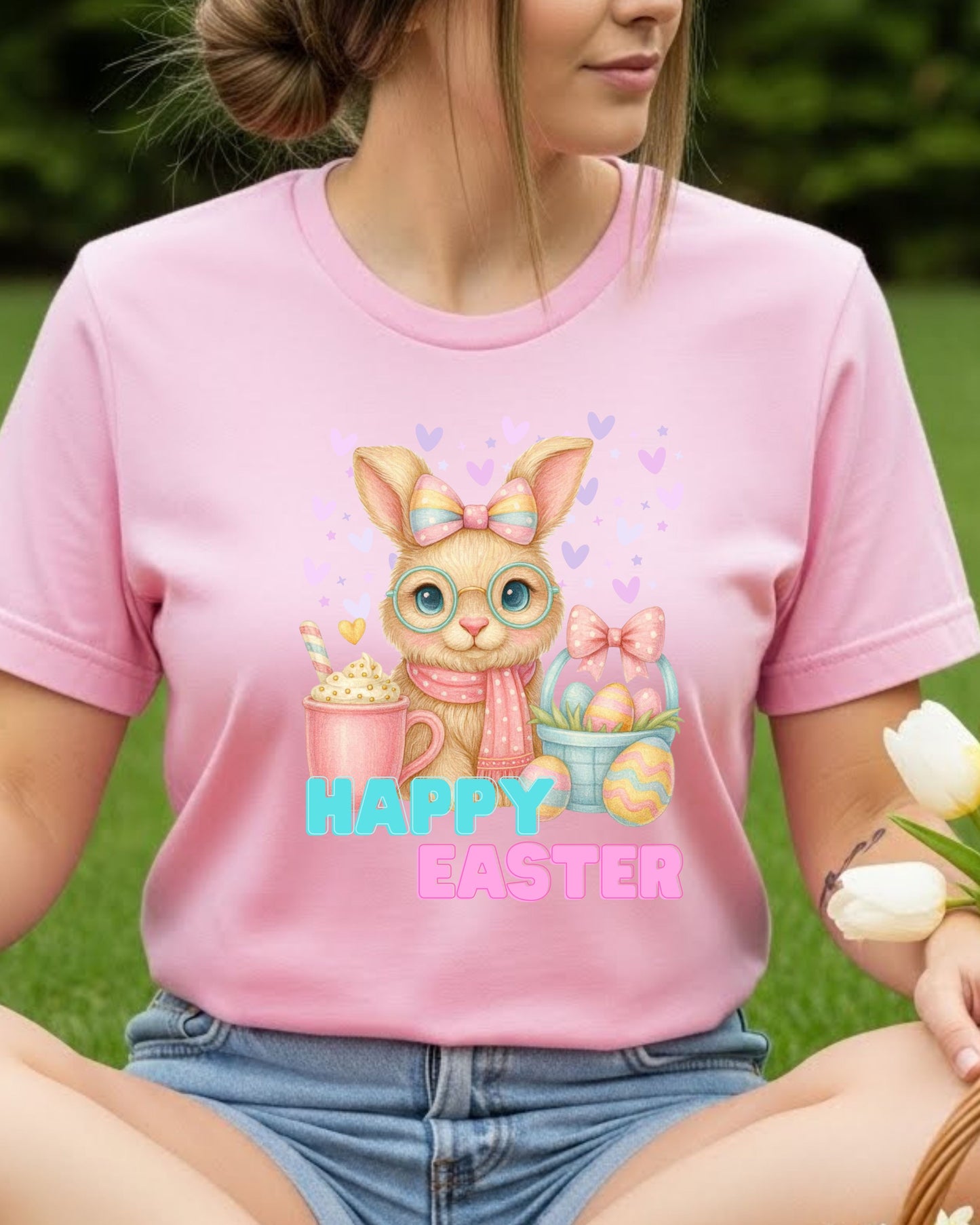Cute Easter Bunny Shirt – Pastel Bunny with Glasses & Eggs Tee – Kawaii Easter Mug & Basket Graphic, Spring T‑Shirt for Women & Kids