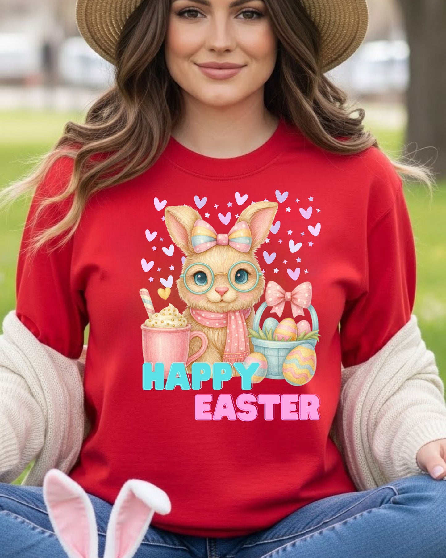 Cute Easter Bunny Shirt – Pastel Bunny with Glasses & Eggs Tee – Kawaii Easter Mug & Basket Graphic, Spring T‑Shirt for Women & Kids