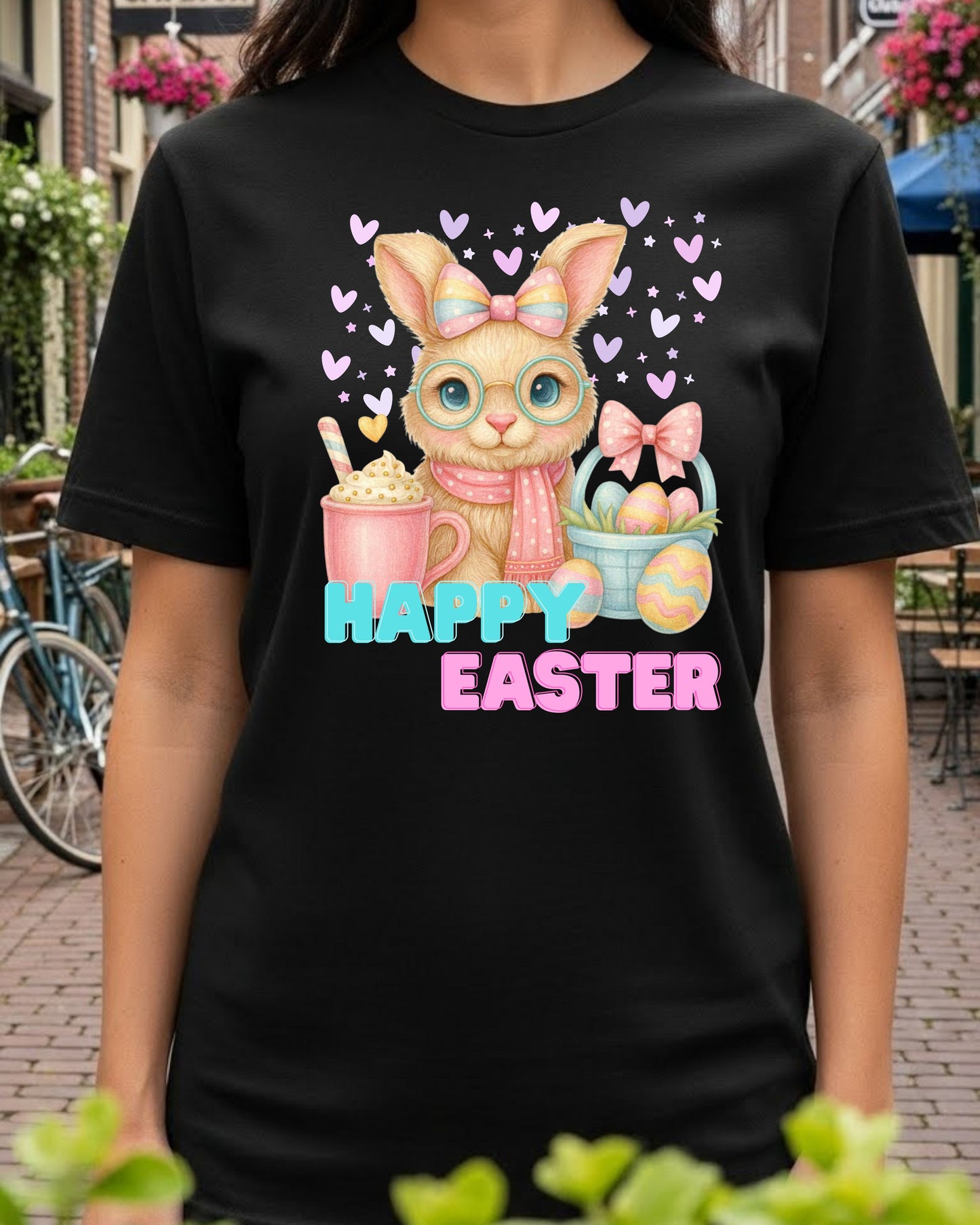 Cute Easter Bunny Shirt – Pastel Bunny with Glasses & Eggs Tee – Kawaii Easter Mug & Basket Graphic, Spring T‑Shirt for Women & Kids