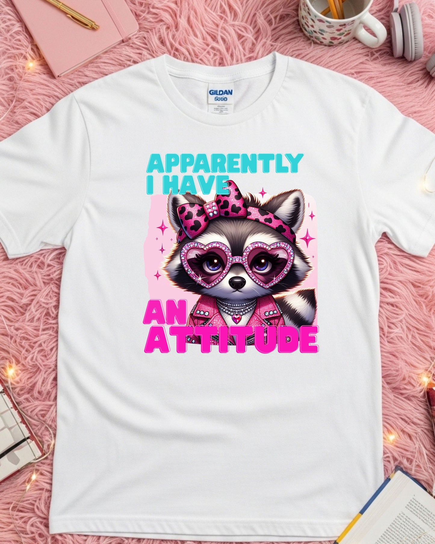Apparently I Have an Attitude – Glam Raccoon Sass Illustration with Rhinestones & Leopard Bow