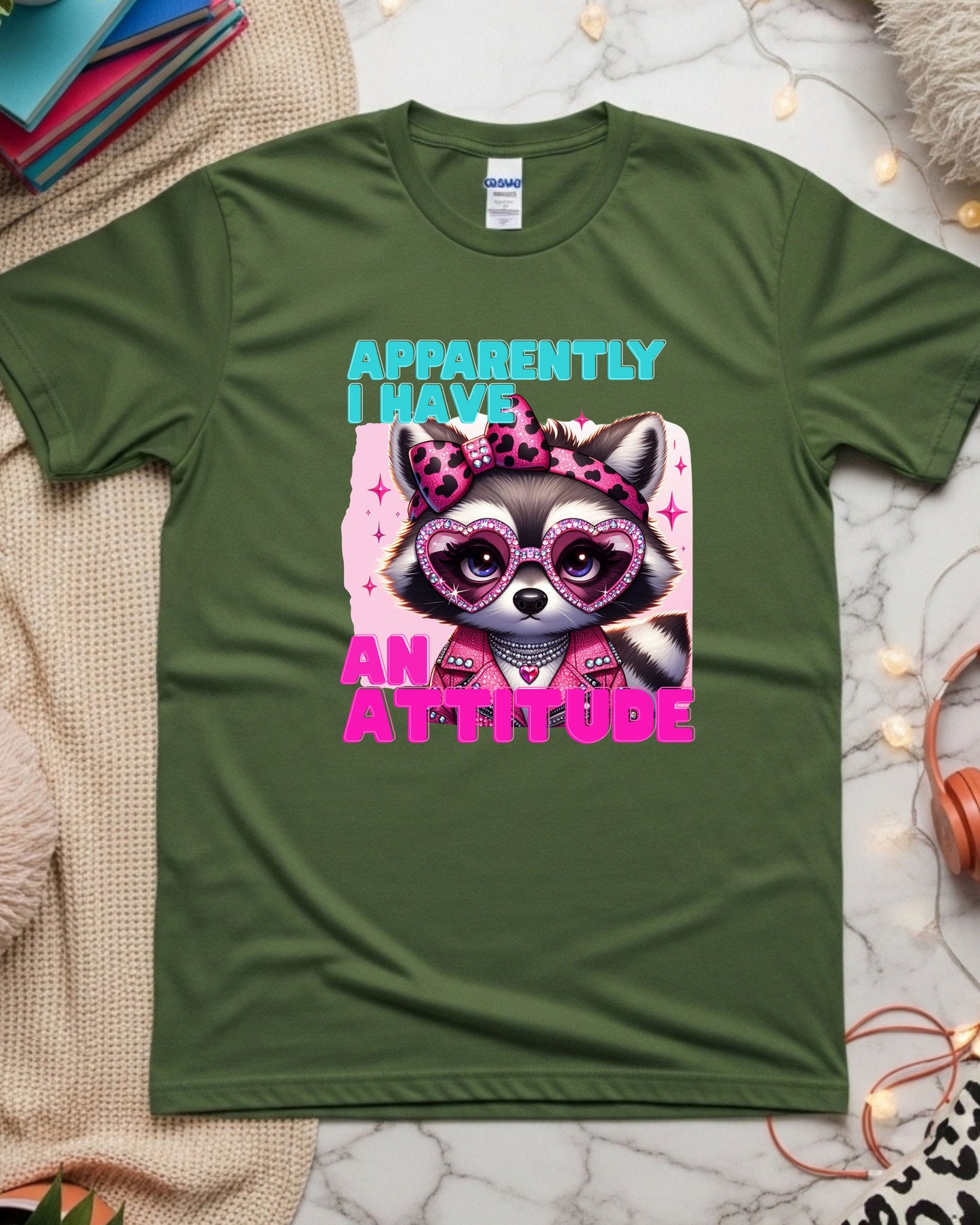 Apparently I Have an Attitude – Glam Raccoon Sass Illustration with Rhinestones & Leopard Bow