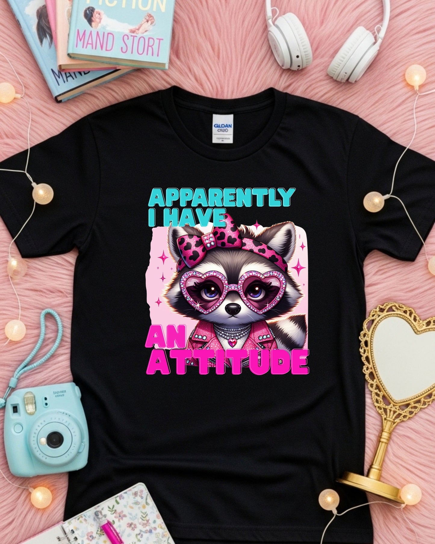 Apparently I Have an Attitude – Glam Raccoon Sass Illustration with Rhinestones & Leopard Bow