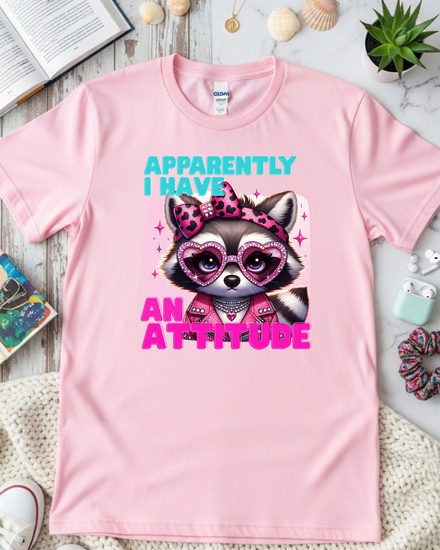Apparently I Have an Attitude – Glam Raccoon Sass Illustration with Rhinestones & Leopard Bow