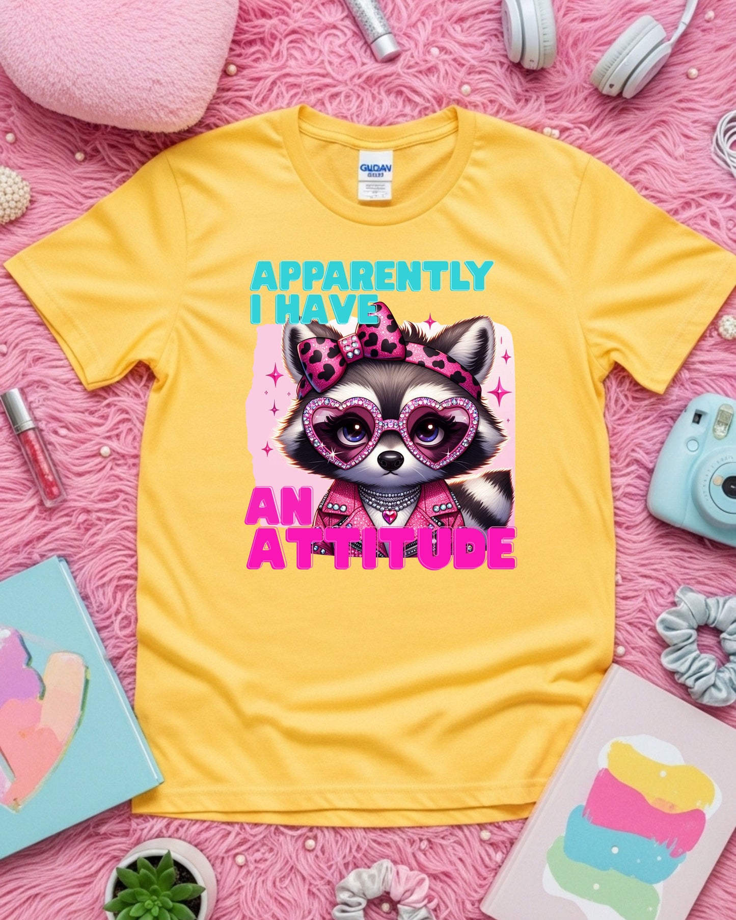 Apparently I Have an Attitude – Glam Raccoon Sass Illustration with Rhinestones & Leopard Bow