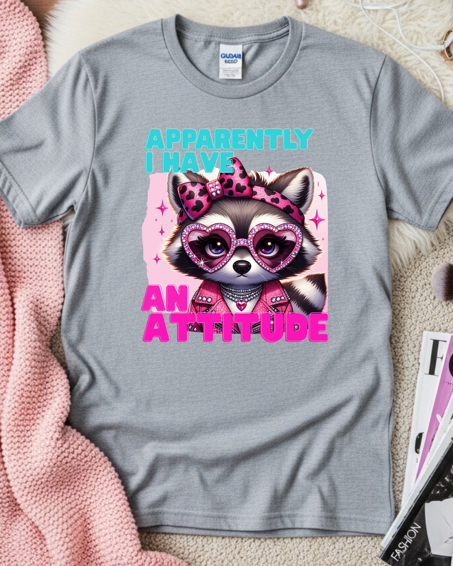 Apparently I Have an Attitude – Glam Raccoon Sass Illustration with Rhinestones & Leopard Bow