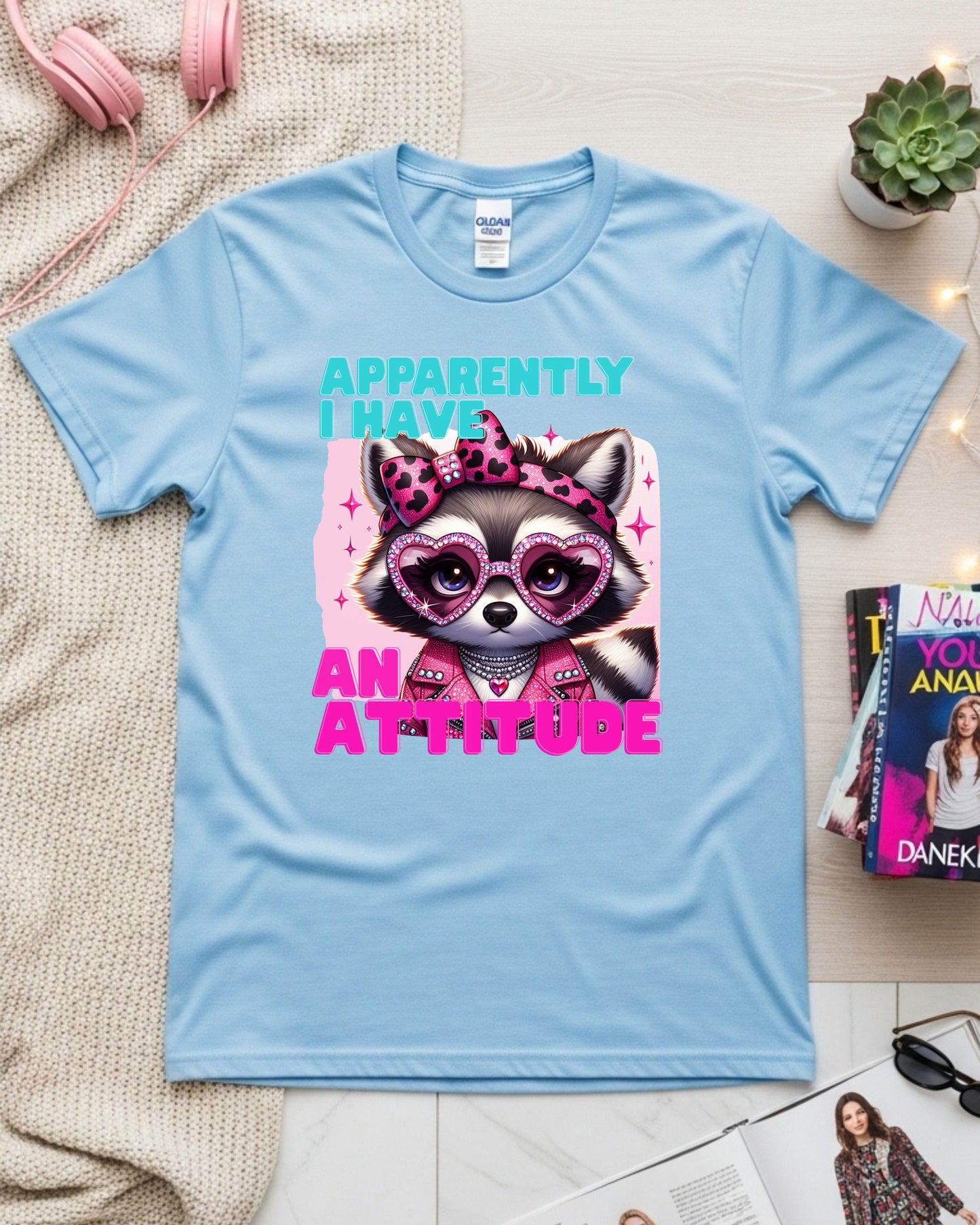 Apparently I Have an Attitude – Glam Raccoon Sass Illustration with Rhinestones & Leopard Bow