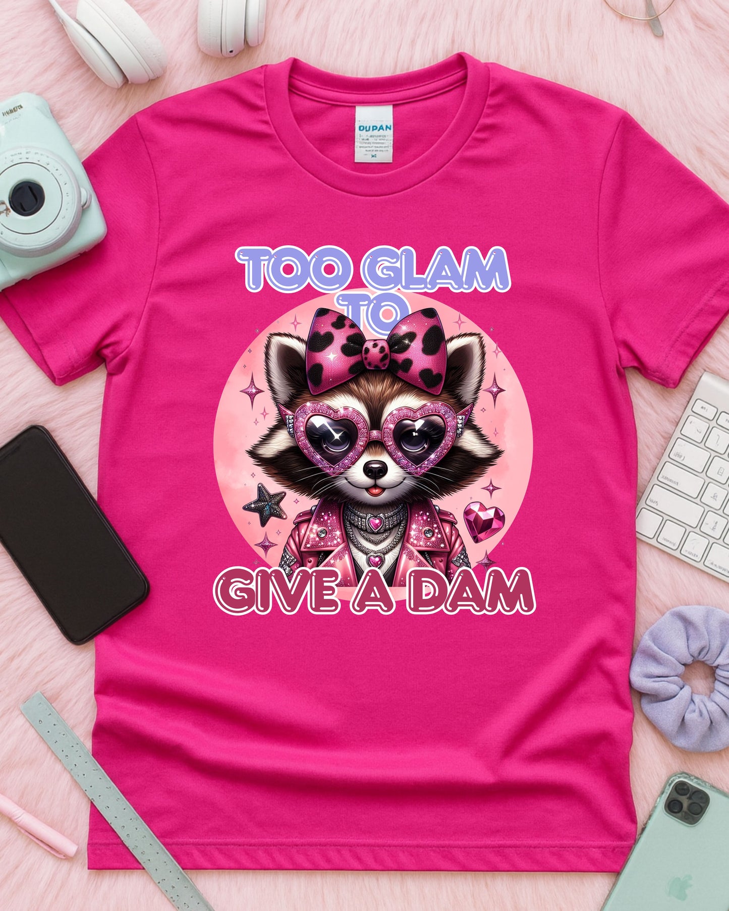 Too Glam to Give a Dam – Sassy Glam Raccoon Fashion Illustration with Rhinestones & Leopard Bow