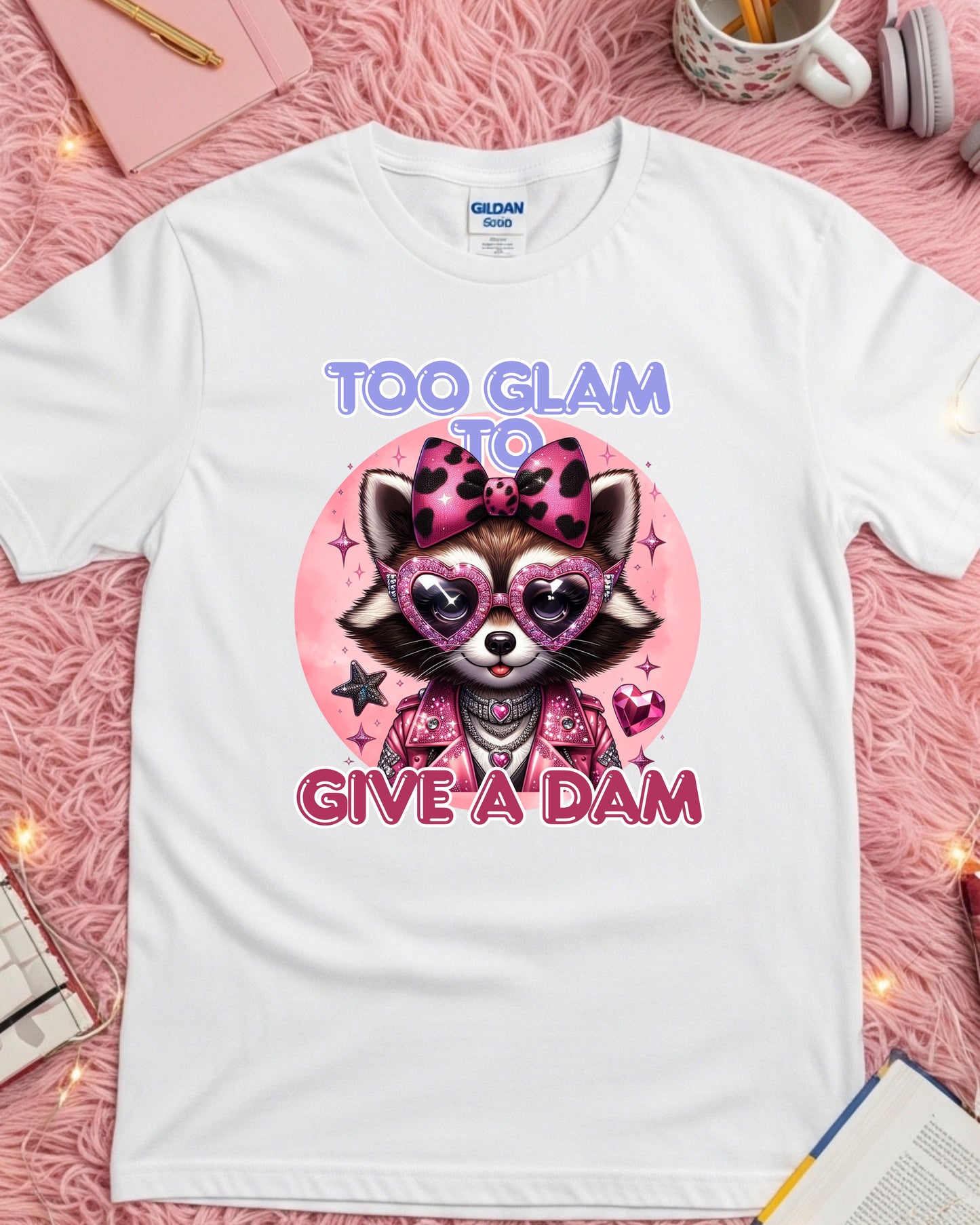Too Glam to Give a Dam – Sassy Glam Raccoon Fashion Illustration with Rhinestones & Leopard Bow
