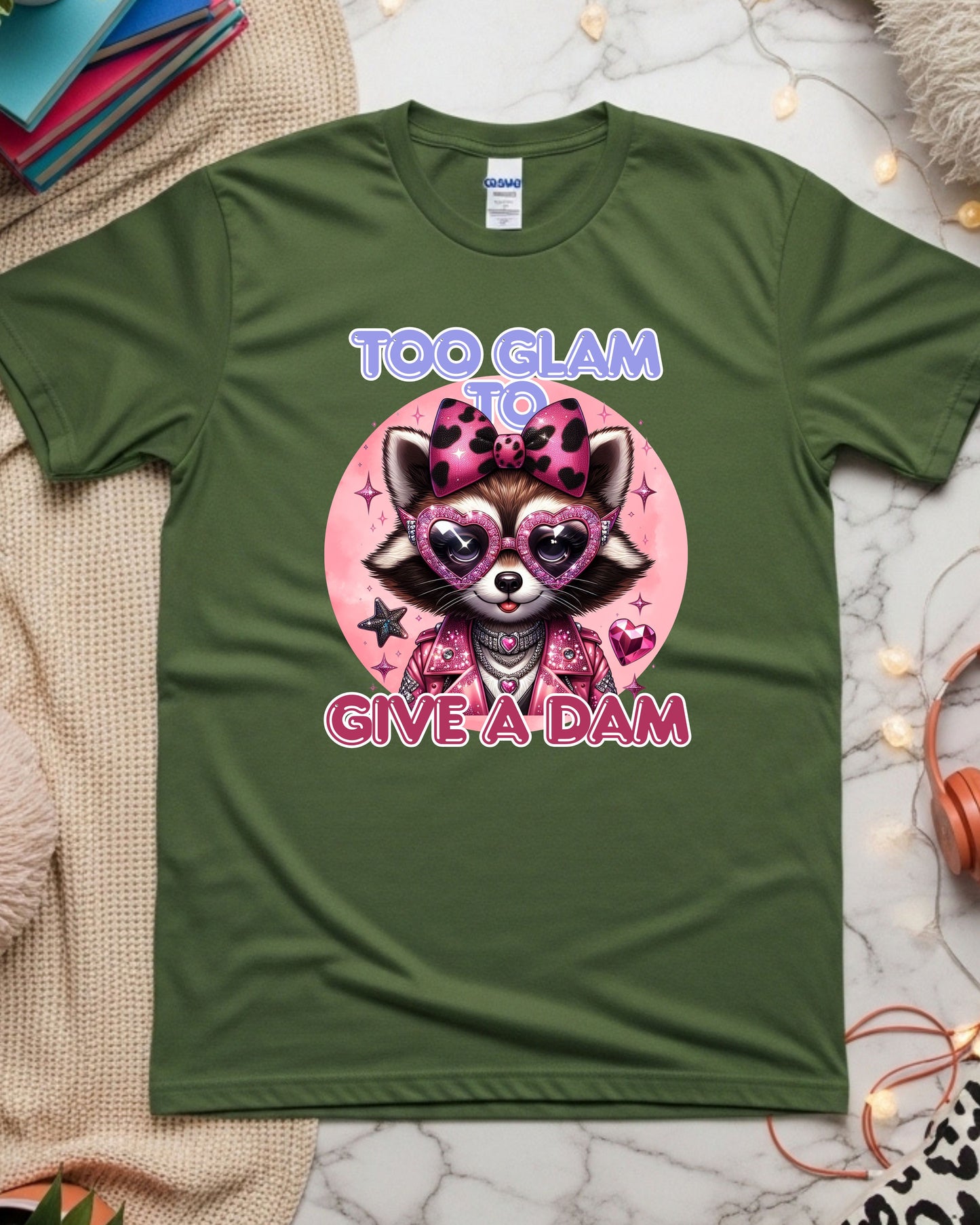 Too Glam to Give a Dam – Sassy Glam Raccoon Fashion Illustration with Rhinestones & Leopard Bow