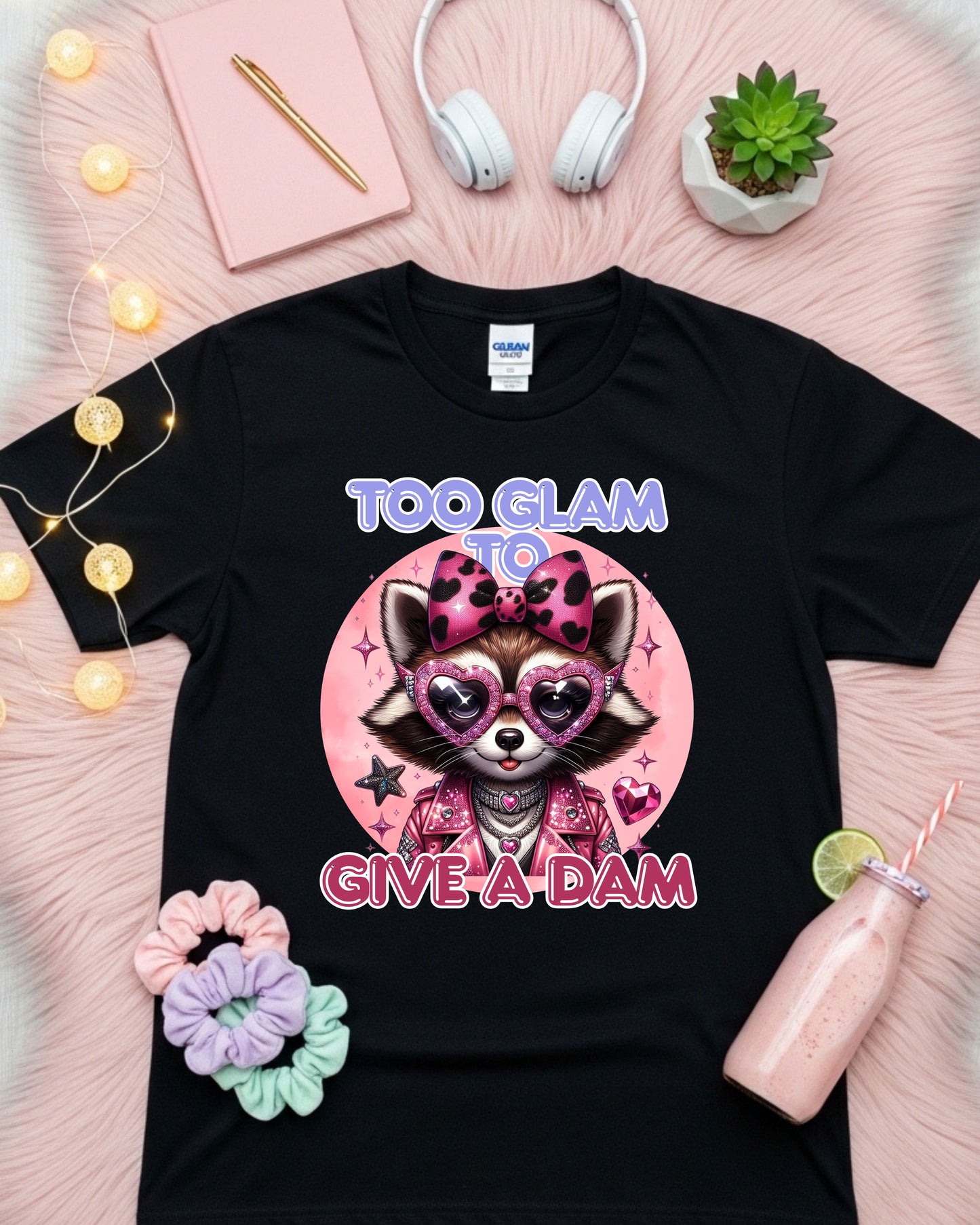 Too Glam to Give a Dam – Sassy Glam Raccoon Fashion Illustration with Rhinestones & Leopard Bow