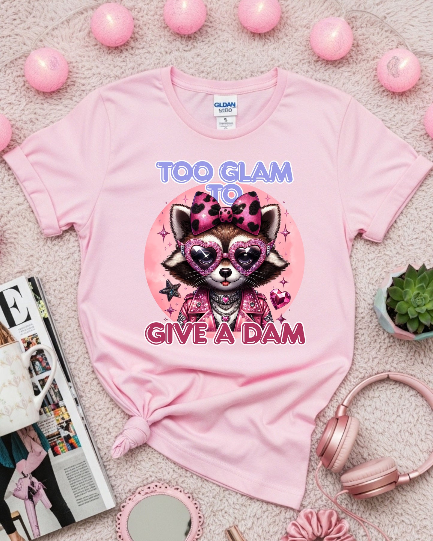 Too Glam to Give a Dam – Sassy Glam Raccoon Fashion Illustration with Rhinestones & Leopard Bow