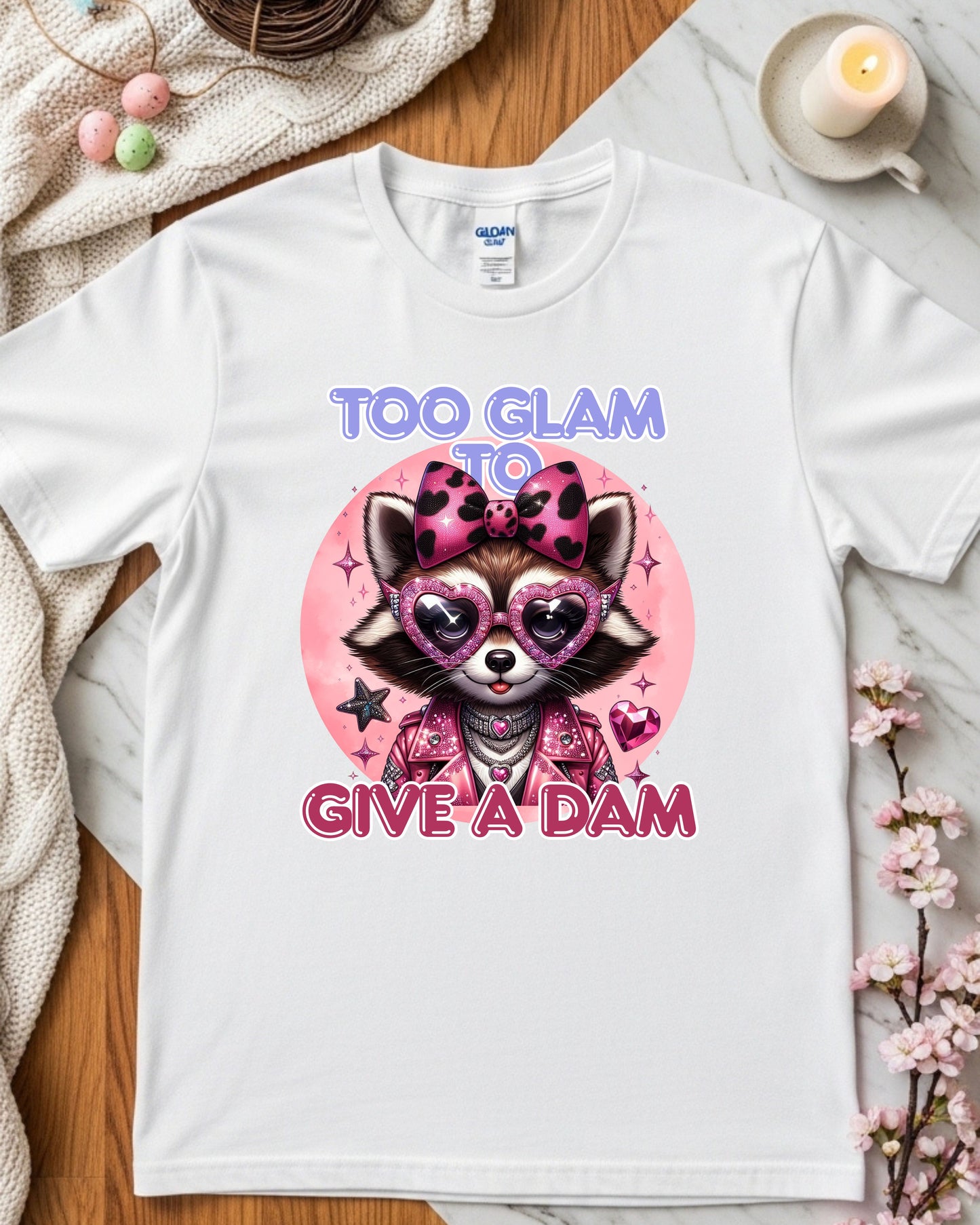 Too Glam to Give a Dam – Sassy Glam Raccoon Fashion Illustration with Rhinestones & Leopard Bow