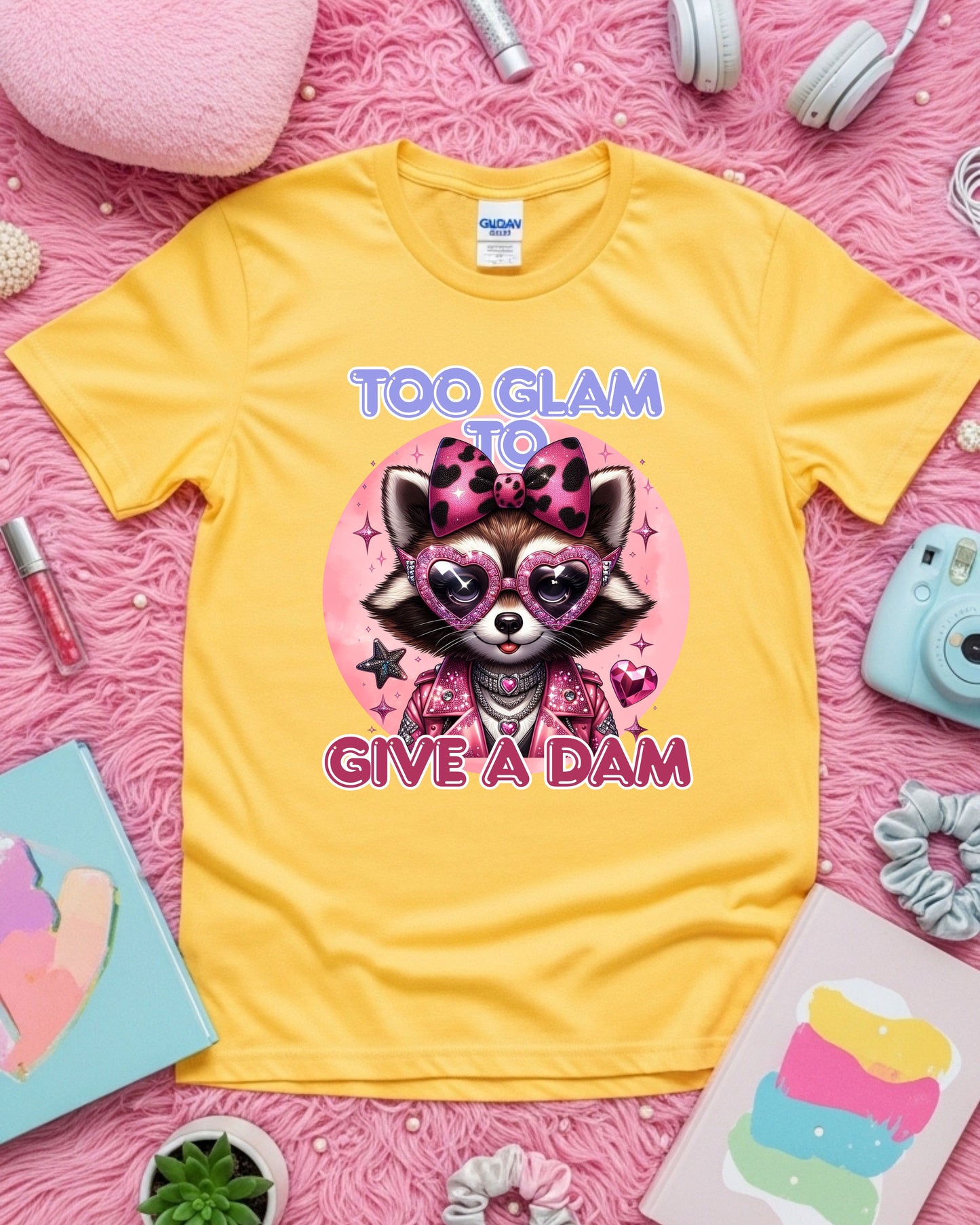 Too Glam to Give a Dam – Sassy Glam Raccoon Fashion Illustration with Rhinestones & Leopard Bow