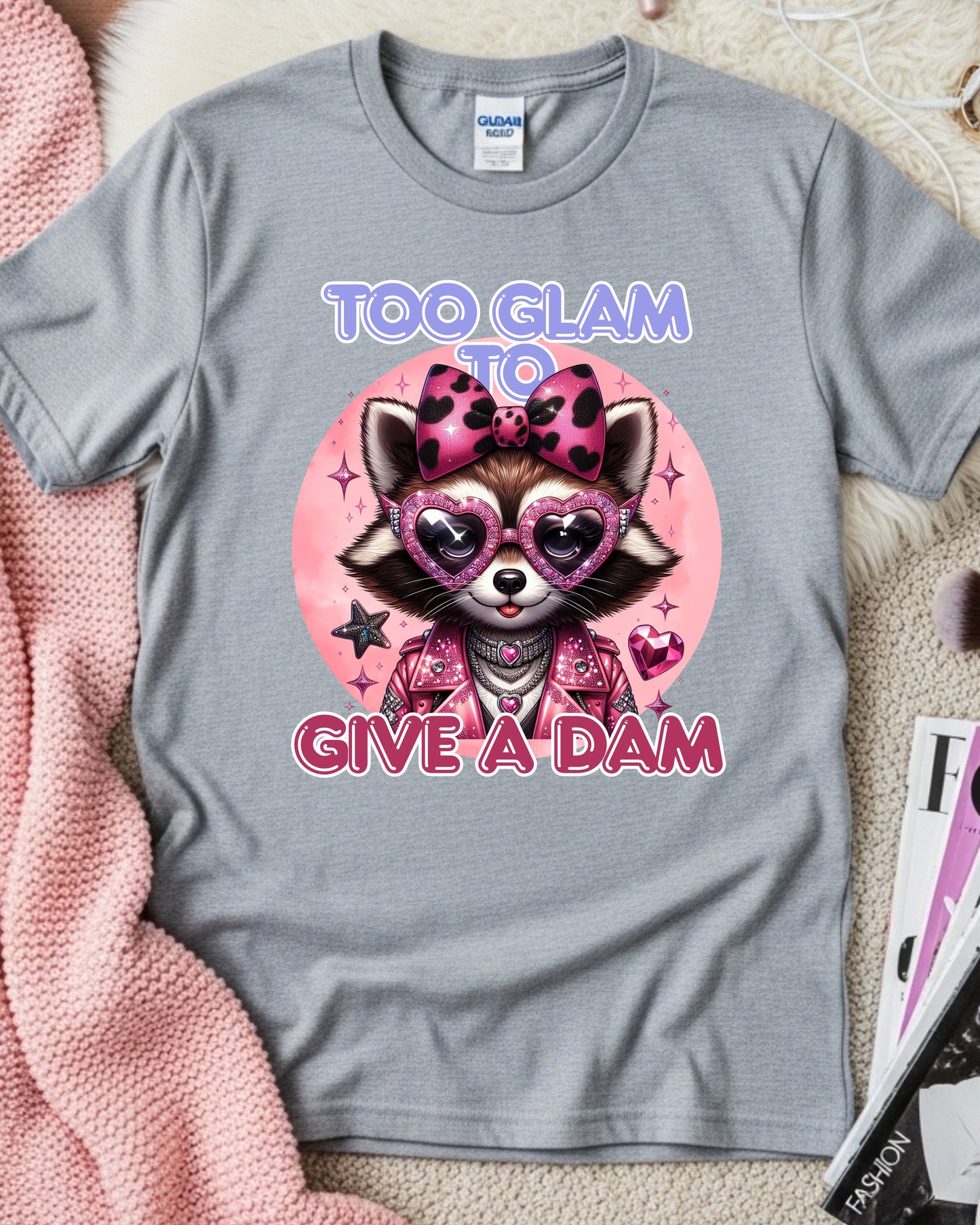 Too Glam to Give a Dam – Sassy Glam Raccoon Fashion Illustration with Rhinestones & Leopard Bow