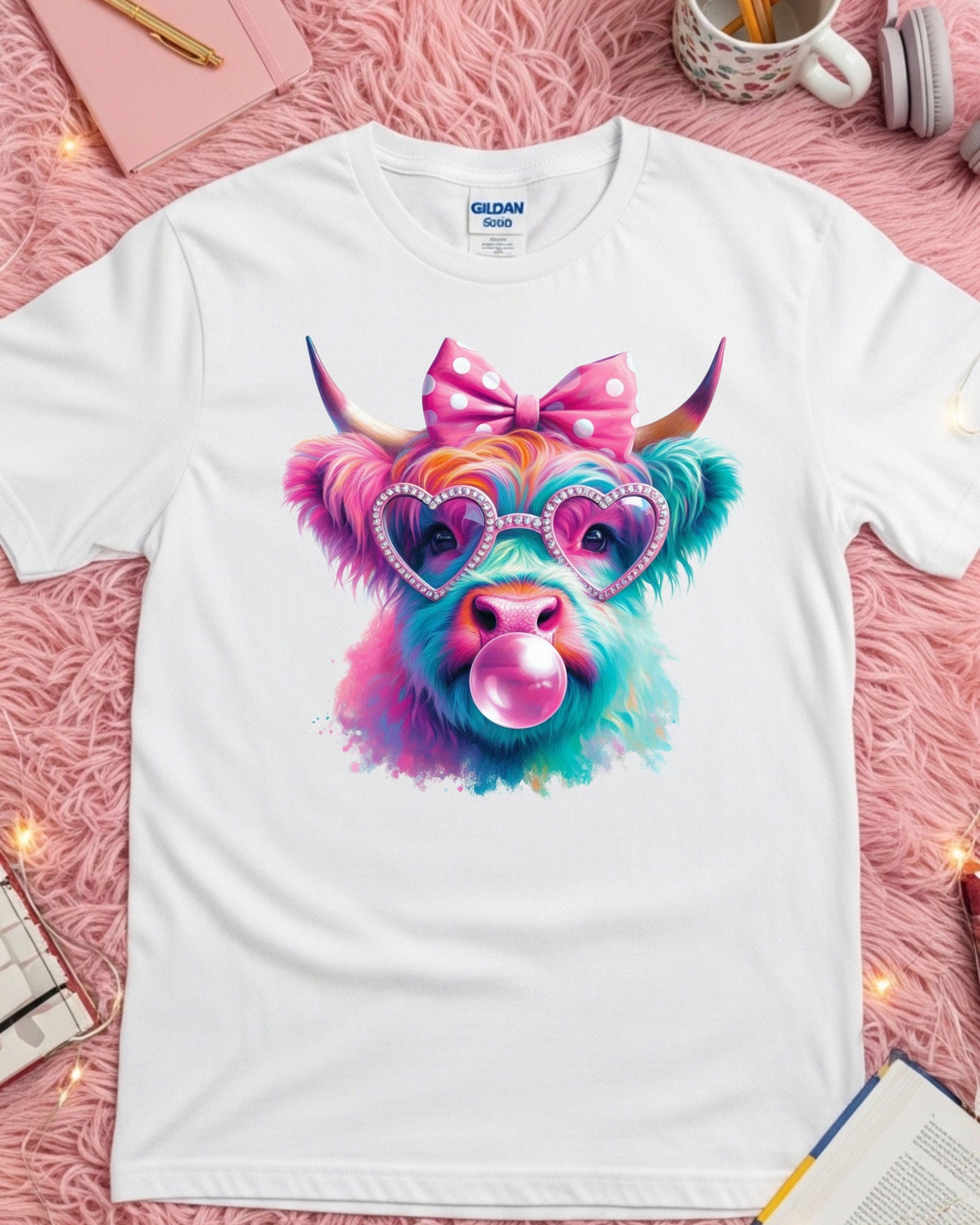 Rainbow Highland Cow T-Shirt – Bubblegum Pop Art Graphic Tee