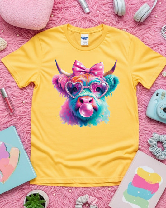 Rainbow Highland Cow T-Shirt – Bubblegum Pop Art Graphic Tee